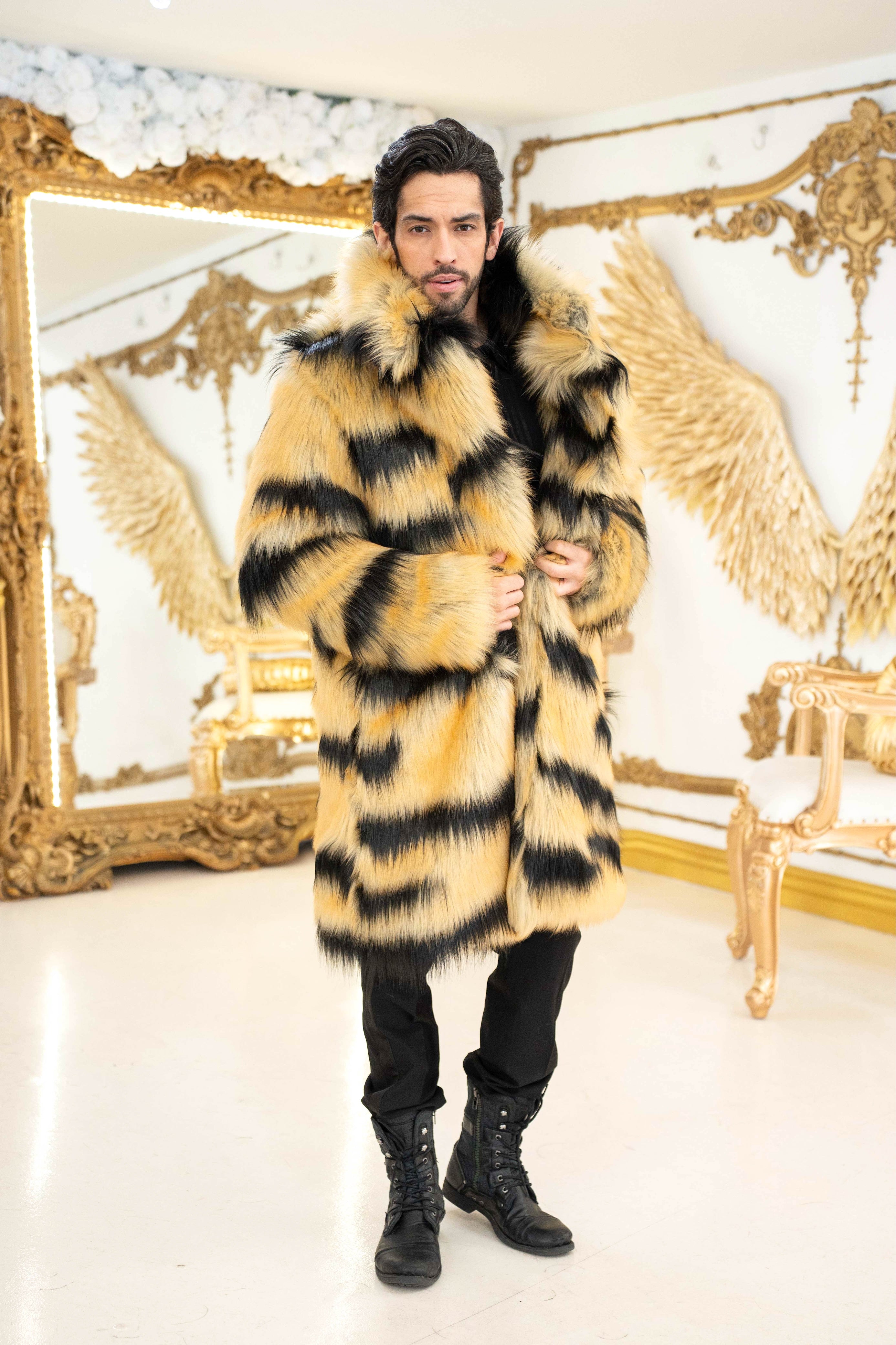 vegan tiger faux fur coat for men | Furrocious Furr