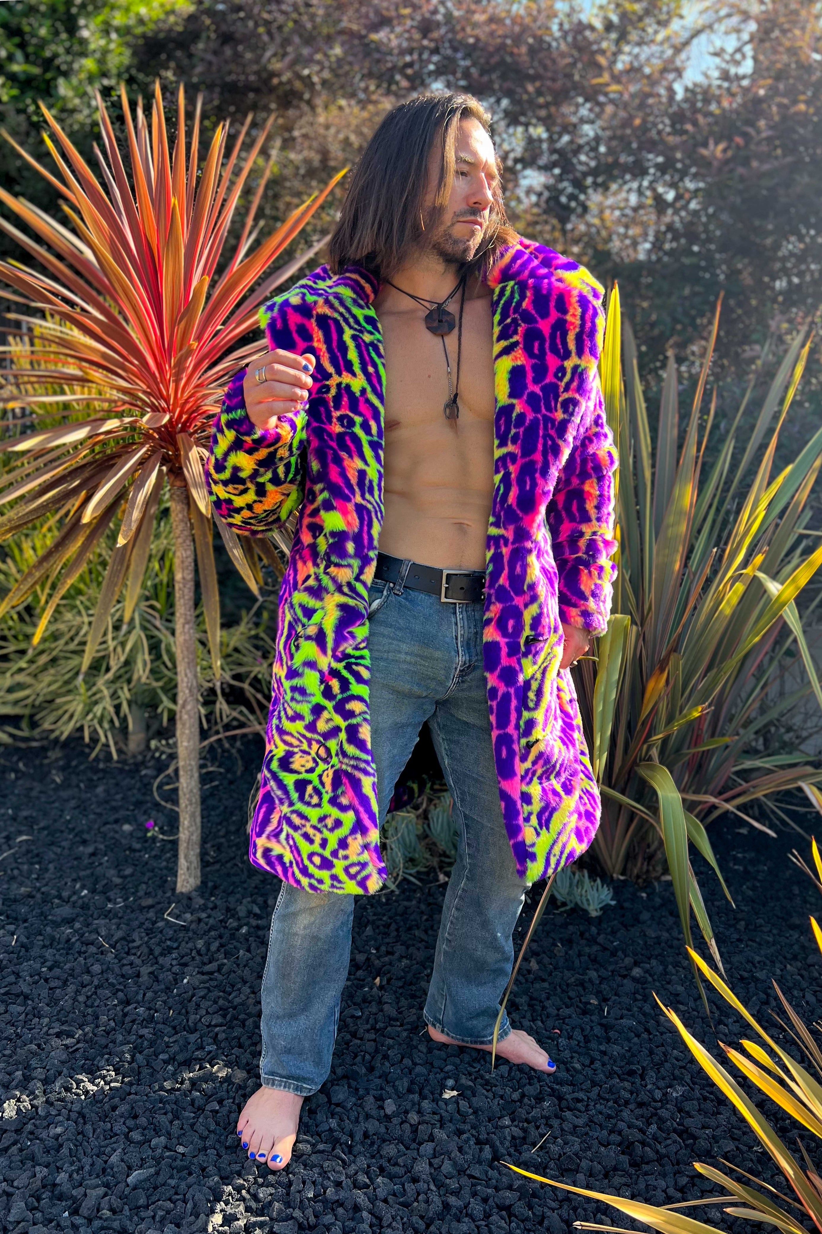 Neon Cheetah vegan fake fur short jacket for men | Furrocious Furr