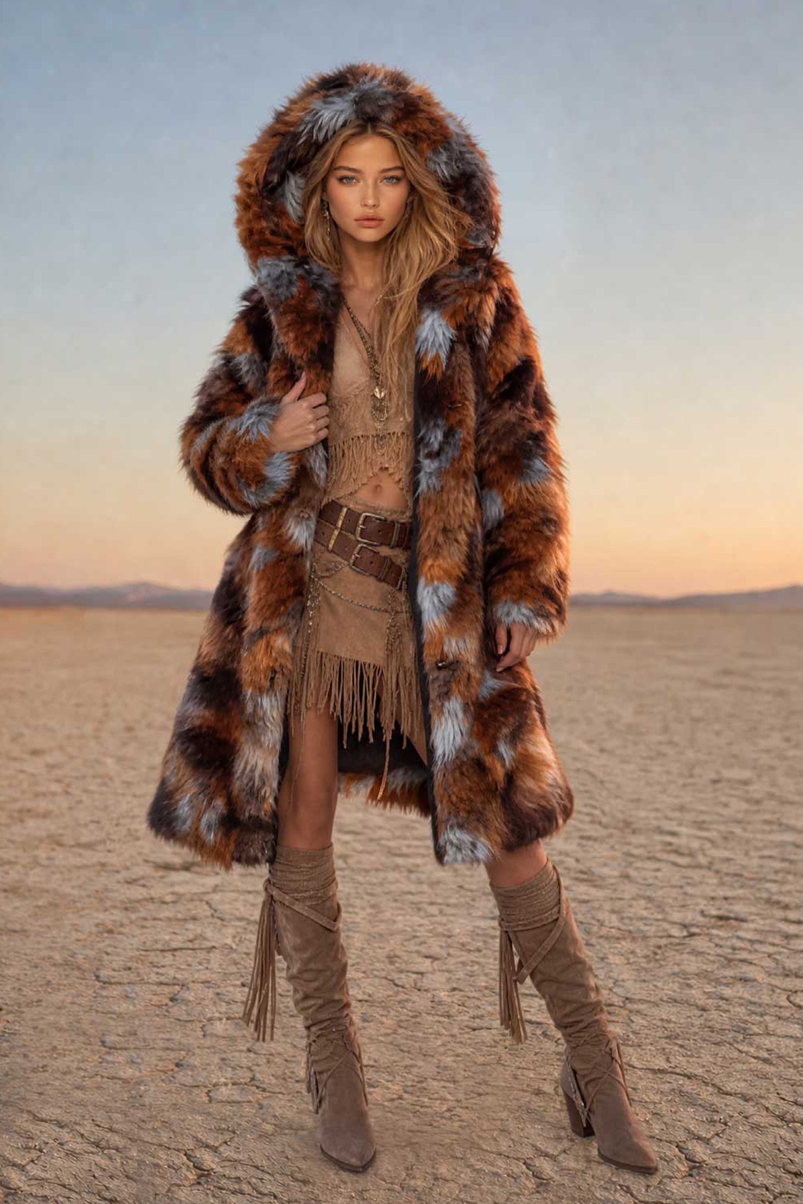 【美品】即完売 DRESS HIPPY FISHERMAN COAT Women's Fake Fur Hooded Playa Coat in 