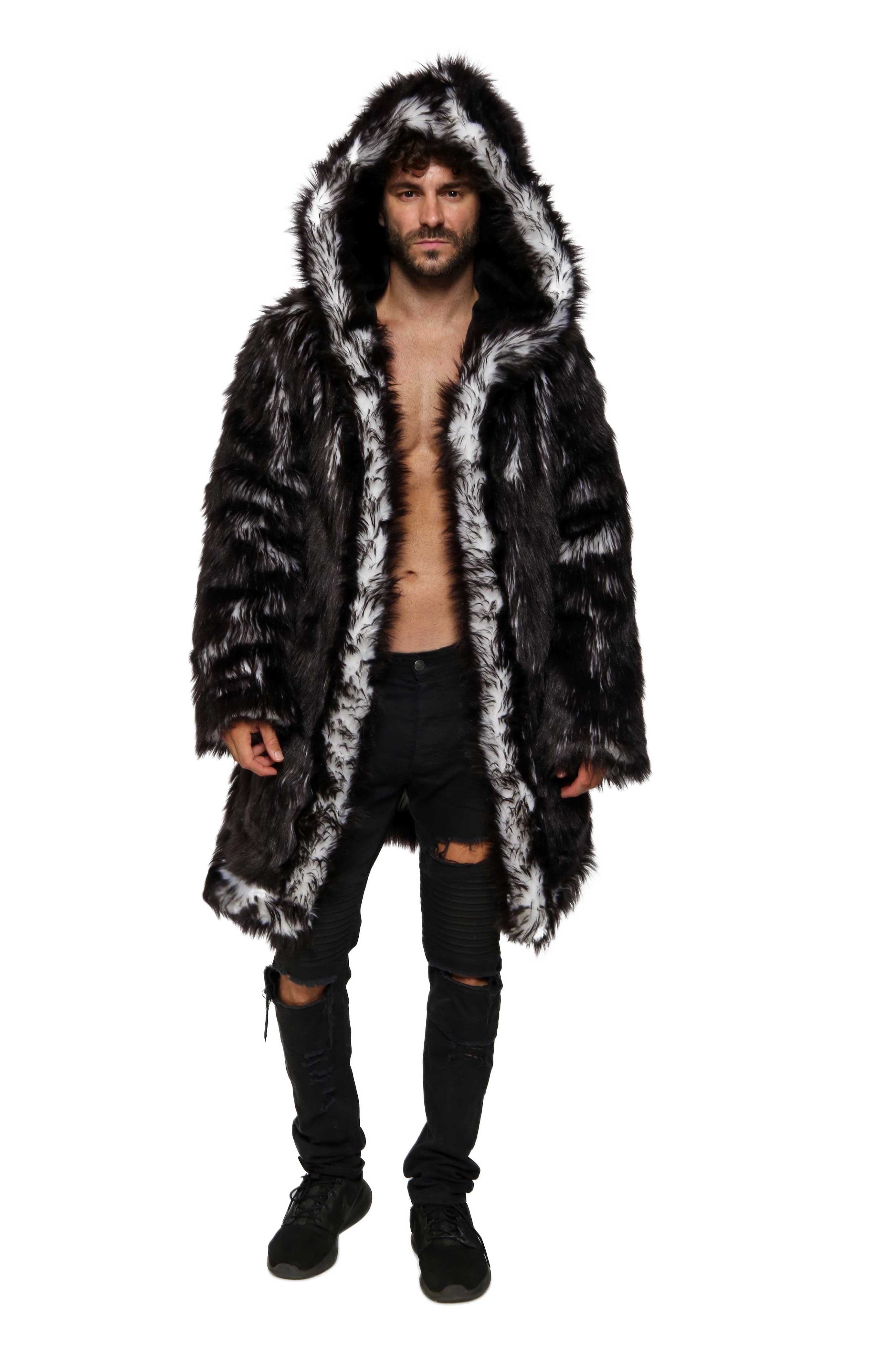 mens black and white fake fur jacket burning man outfits