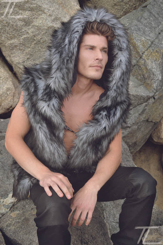 Men's Faux Fur Viking Vest in Gray Wolf XXL / Black White Wolf