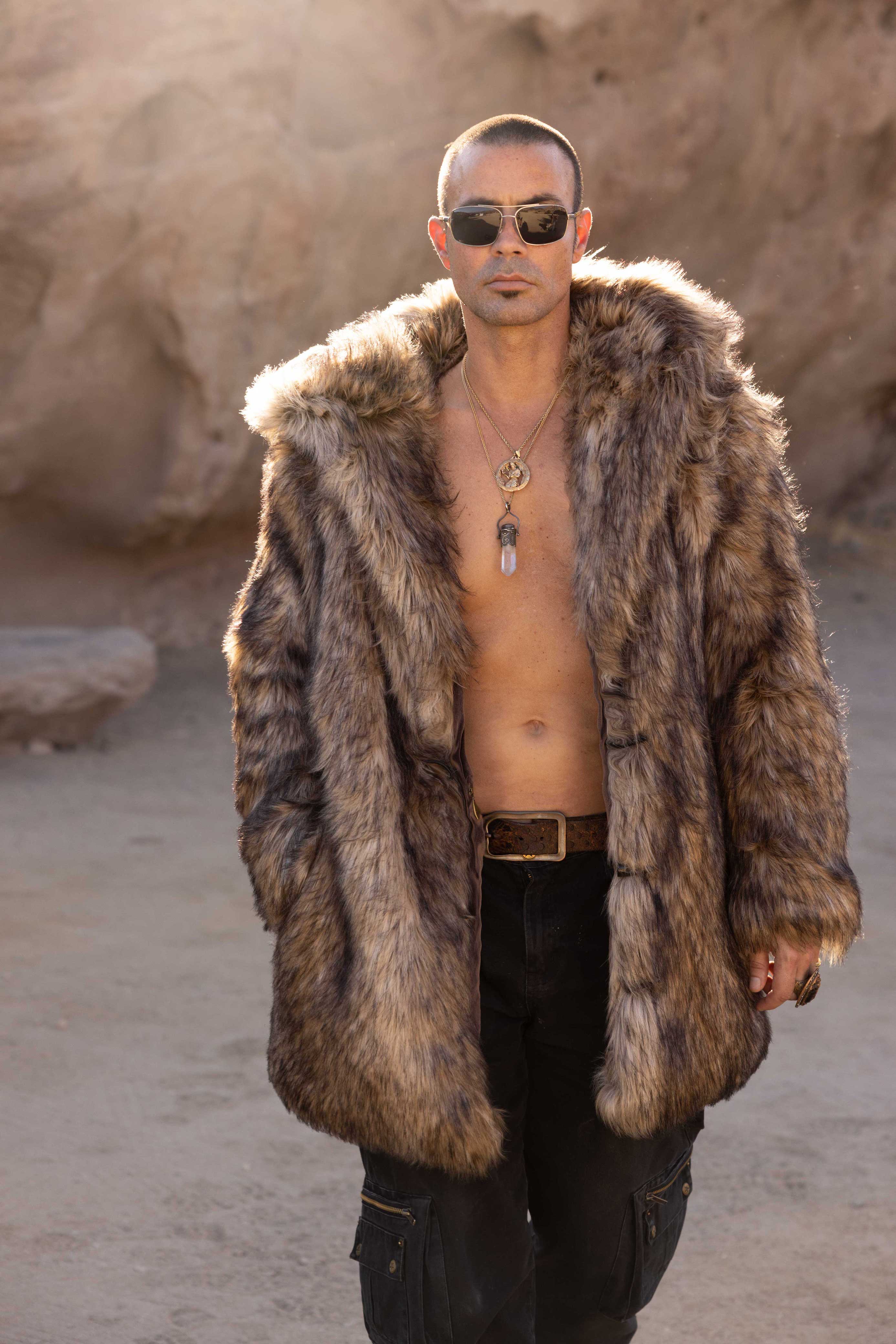 Mountain Coyote hooded faux fur coats for men | Furrocious Furr