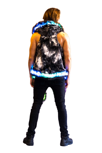 Men's LED Fur Vest in "Black & White Tye Dye"