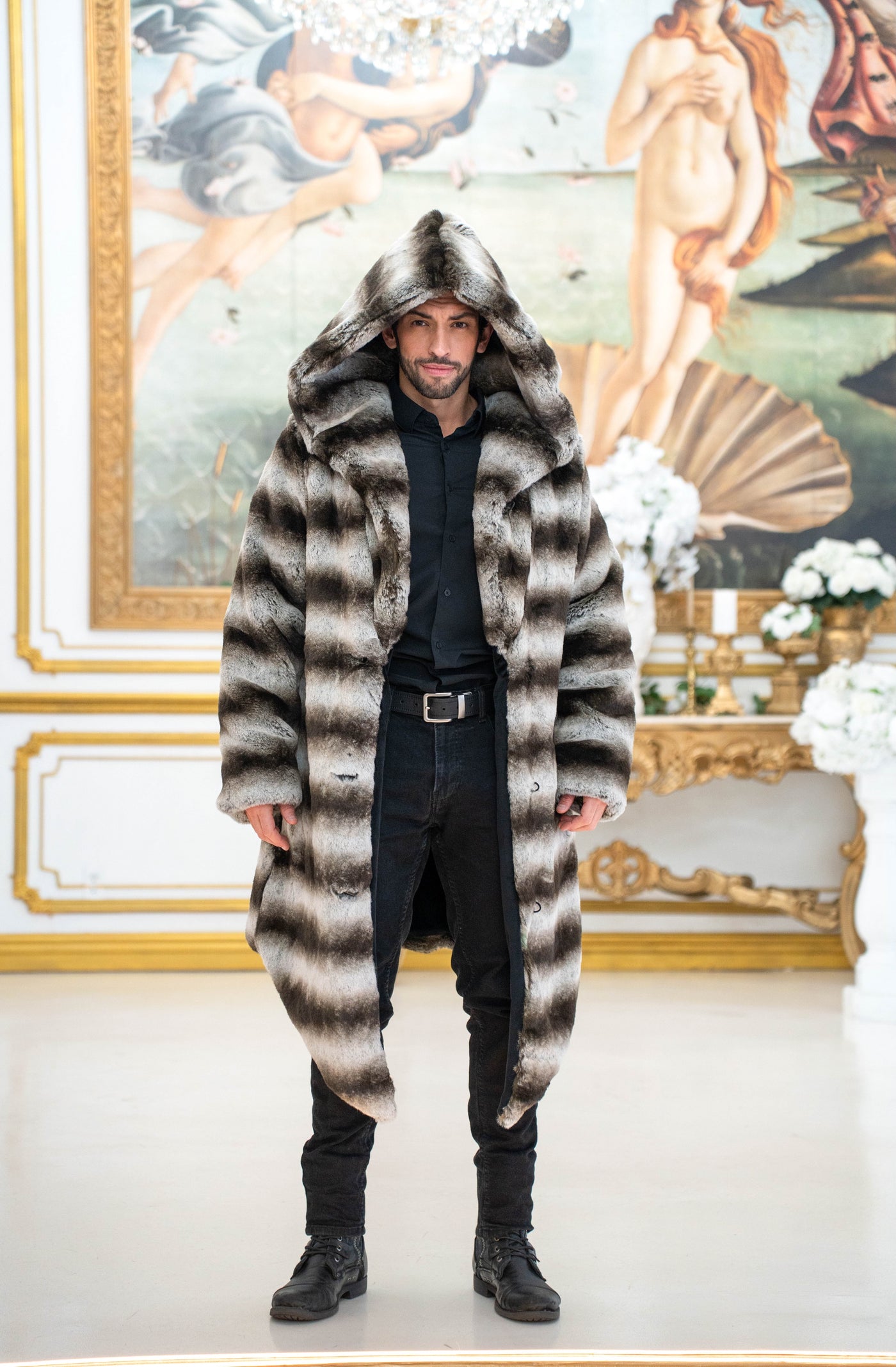 Men's Desert Warrior Coat in "Silver Brown Stripe" Chinchilla