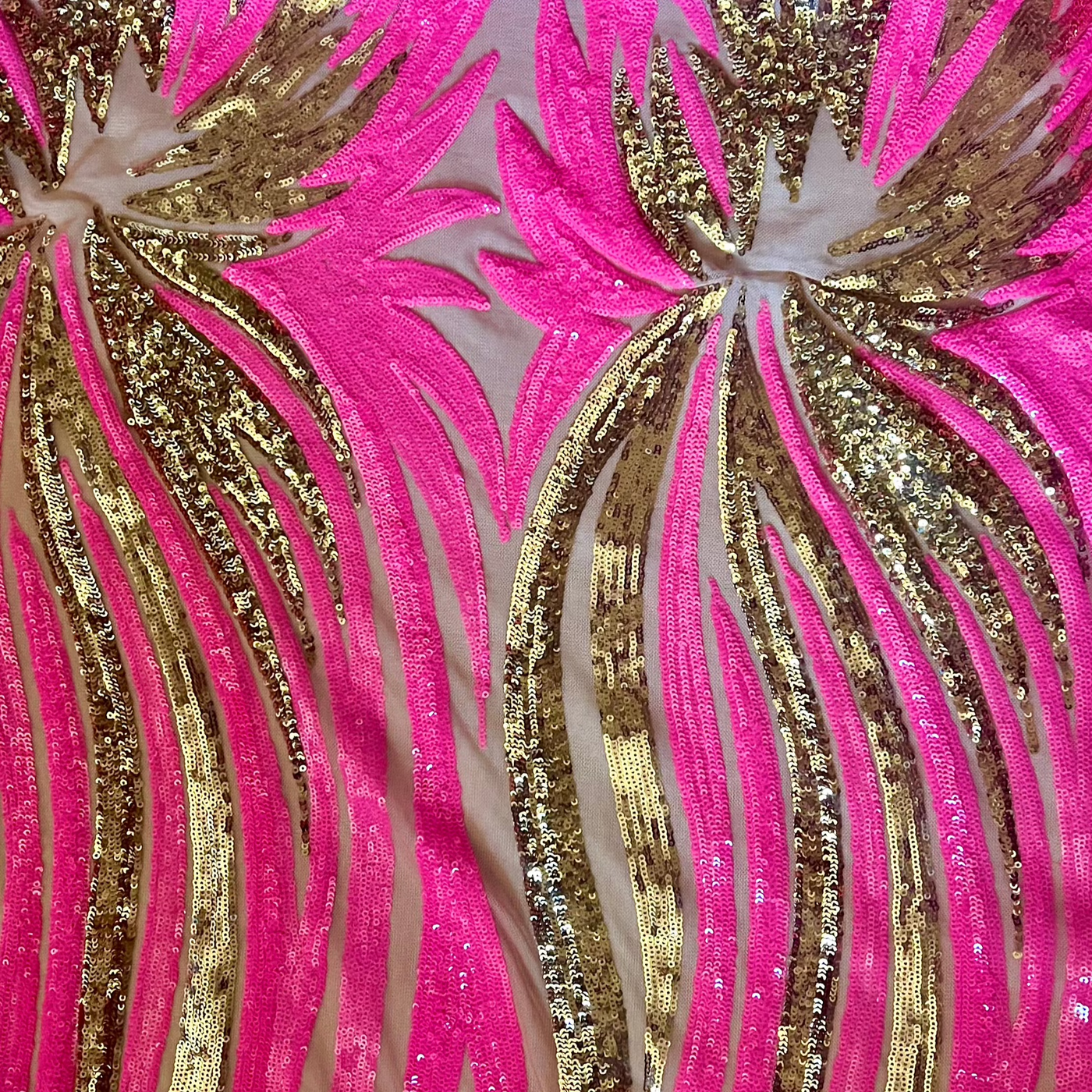 Pink Gold Tiny Palm Spray Sequin Mesh