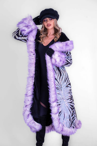 Women's Sequin Temptress Coat in "Black Lilac Radiant Dream"