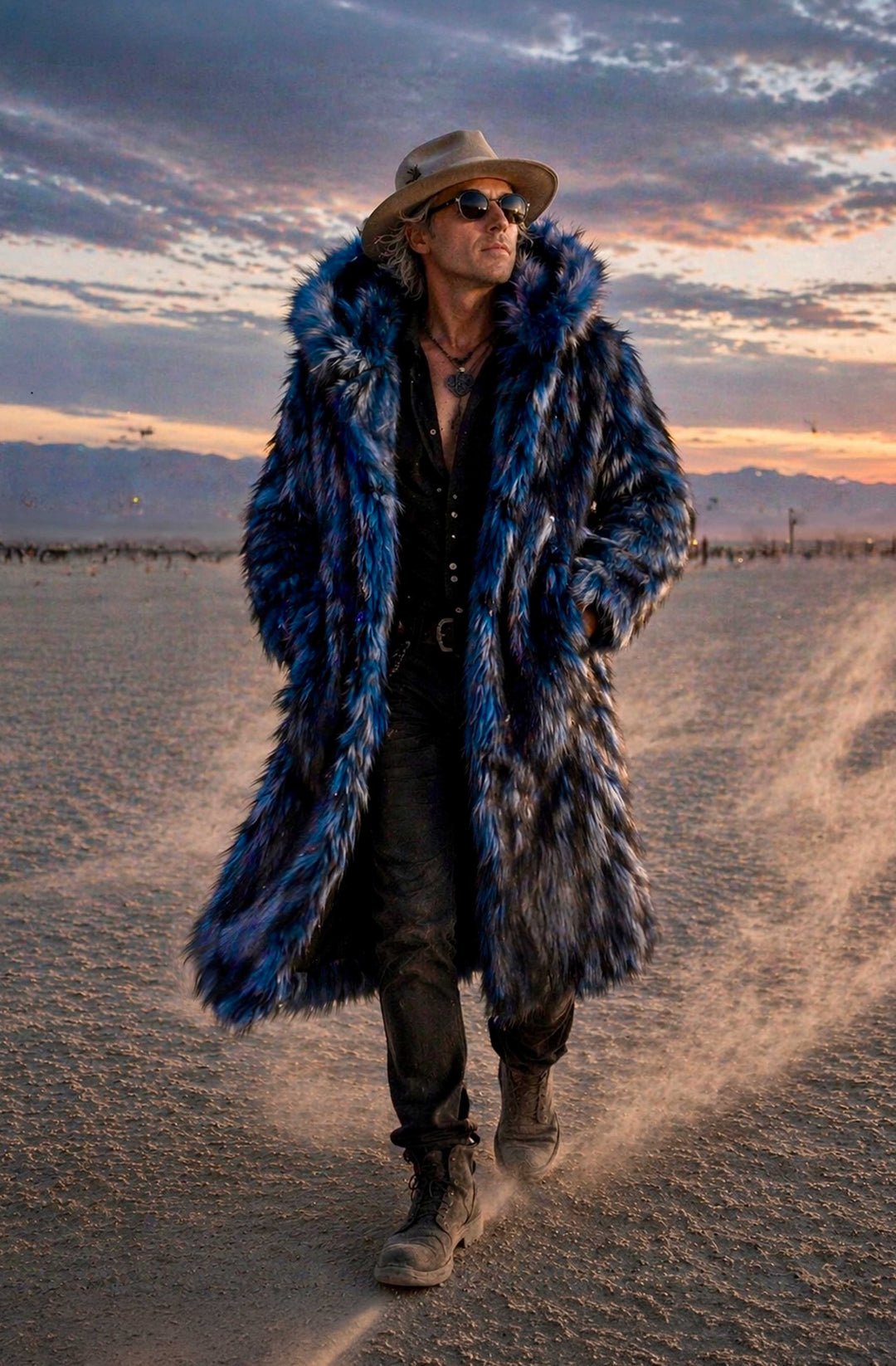 Men’s blue wolf faux fur festival coat hooded front view desert sunset