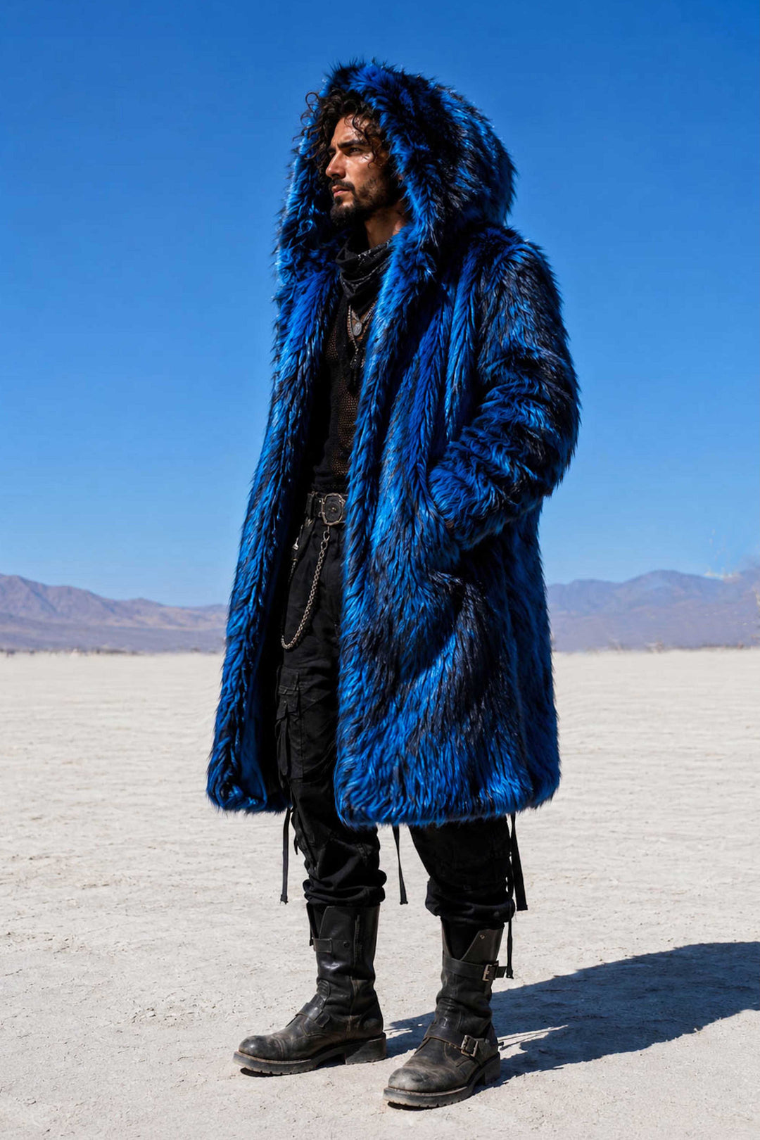 Men's Blue Faux Fur Playa Coat – Festival & Burning Man Coat “Blue