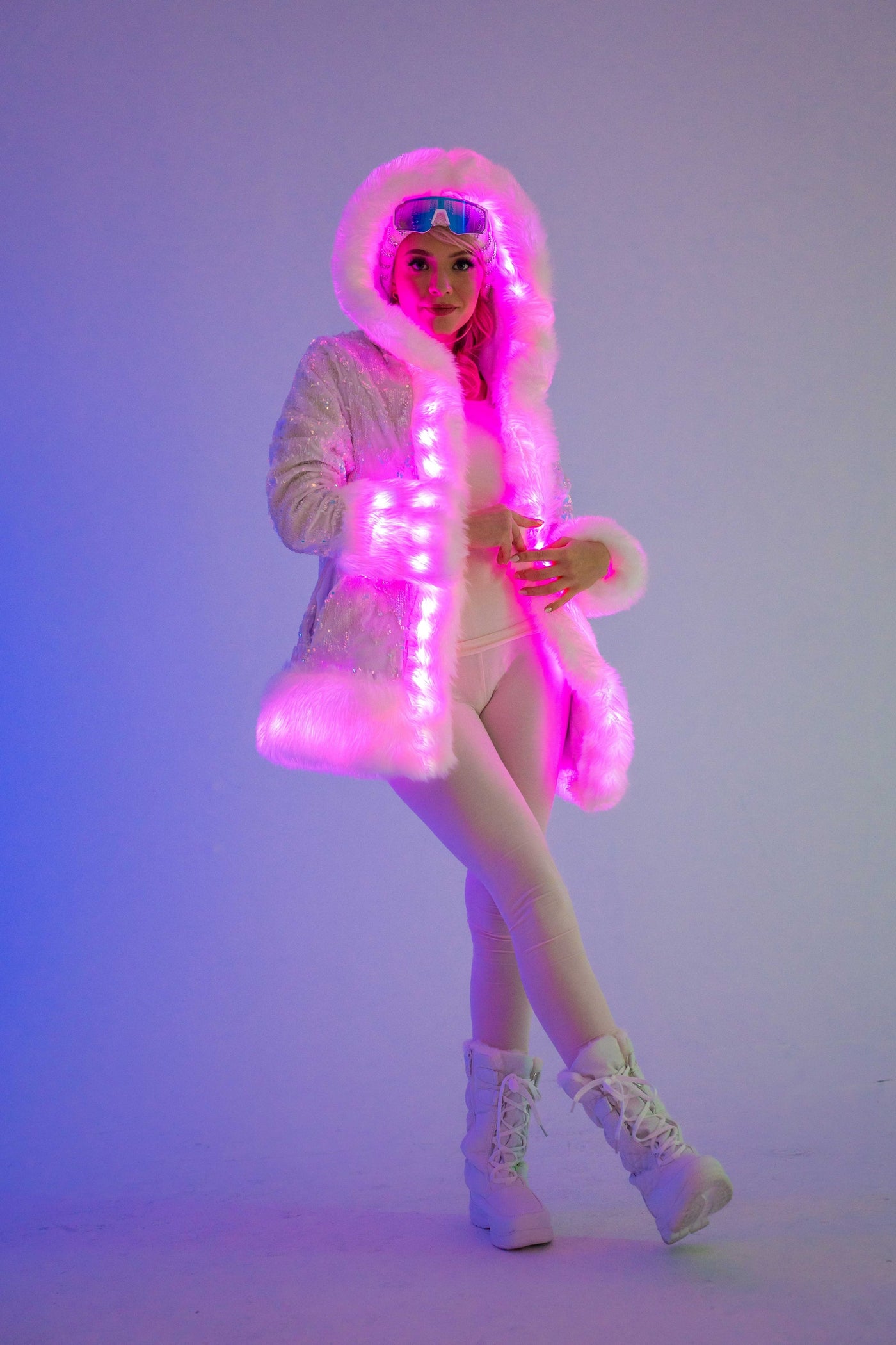 Women's LED Petite Playa Coat in "White Velvet Unicorn Sequin " IN STOCK