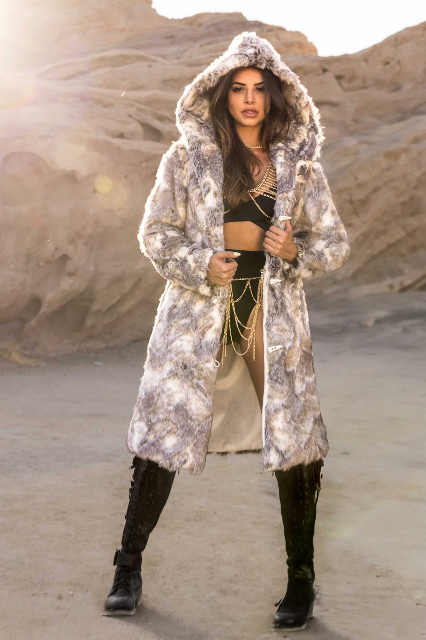 Women's Fake Fur Hooded Long Playa Coat in 