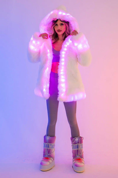 Women's LED Petite Playa Coat in "White Faux Fur "