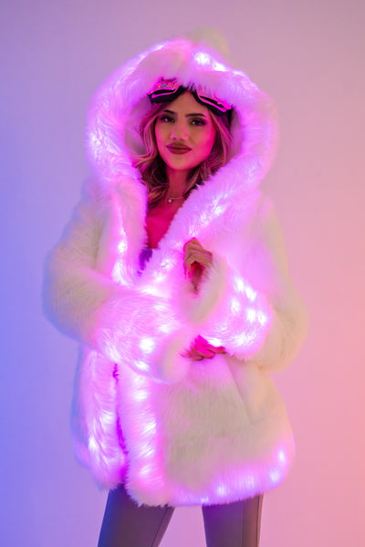 Women's LED Petite Playa Coat in "White Faux Fur "