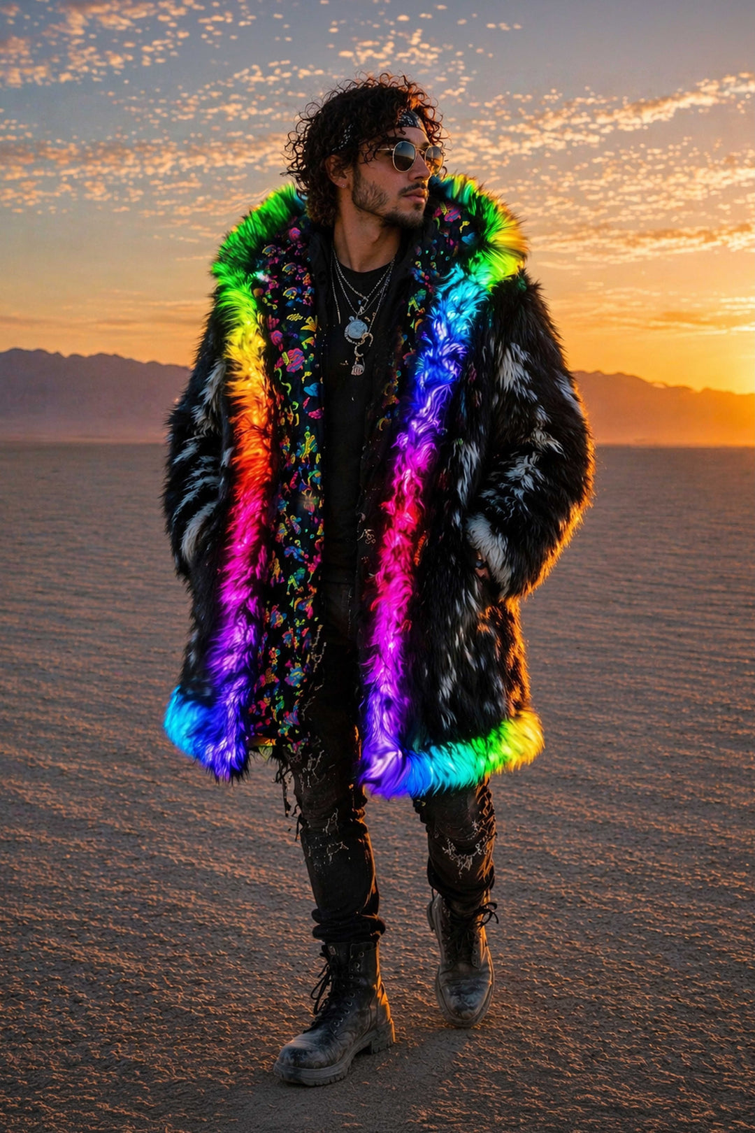 Men’s LED faux fur coat rainbow lights festival coat front view sunset desert