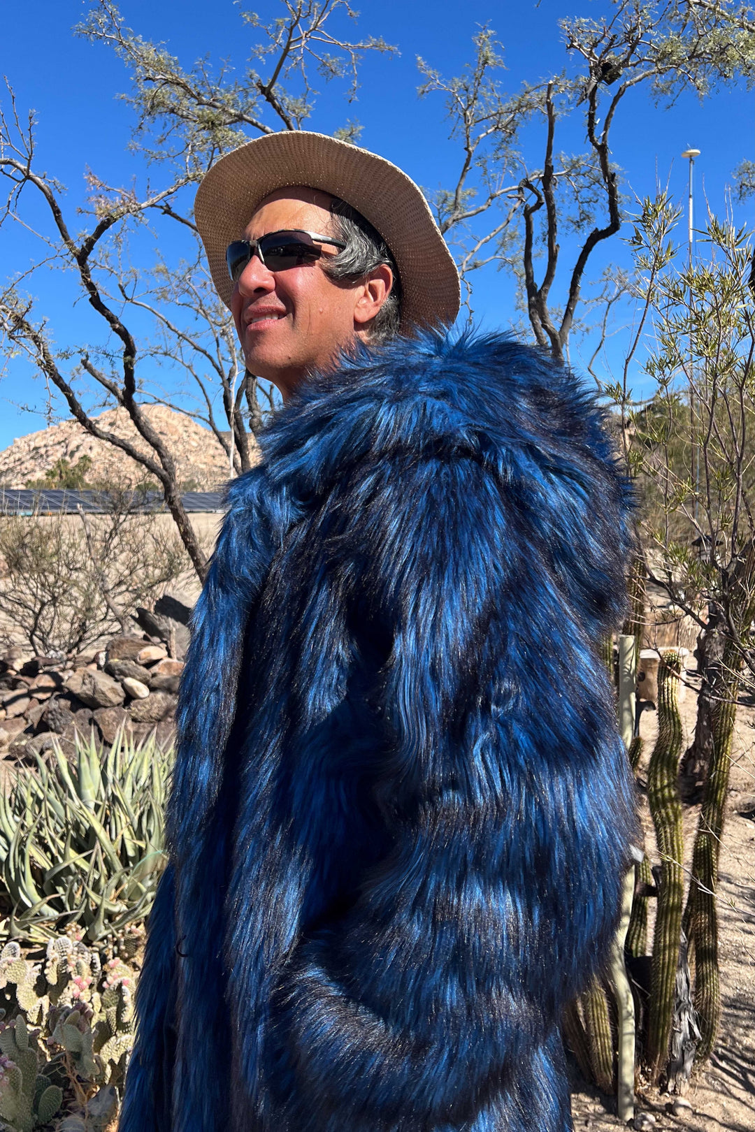 Men's Blue Faux Fur Playa Coat – Festival & Burning Man Coat “Blue