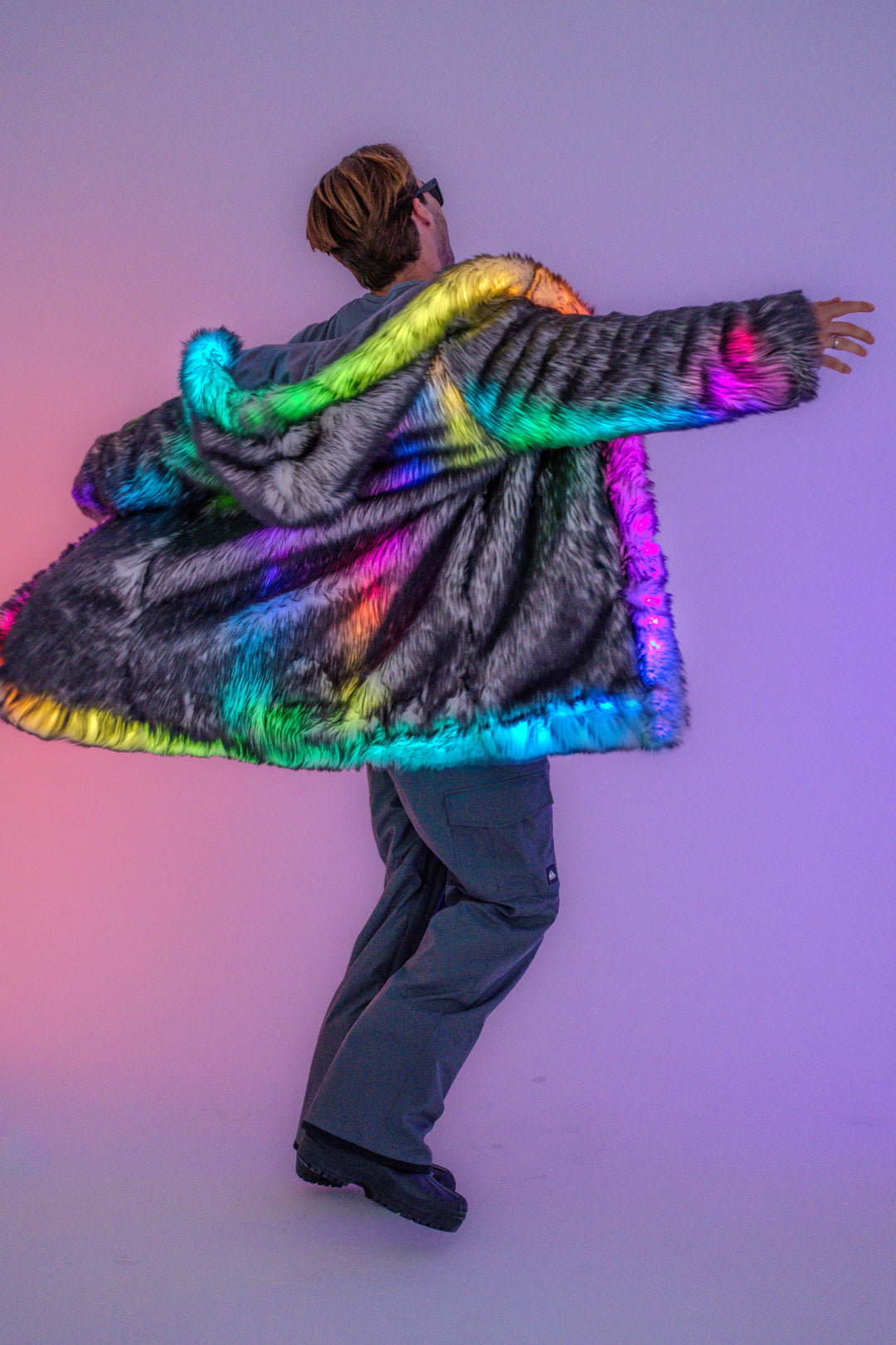 Rainbow Light Up Faux Fur Coat Burning Man LED Light Up Faux Fur