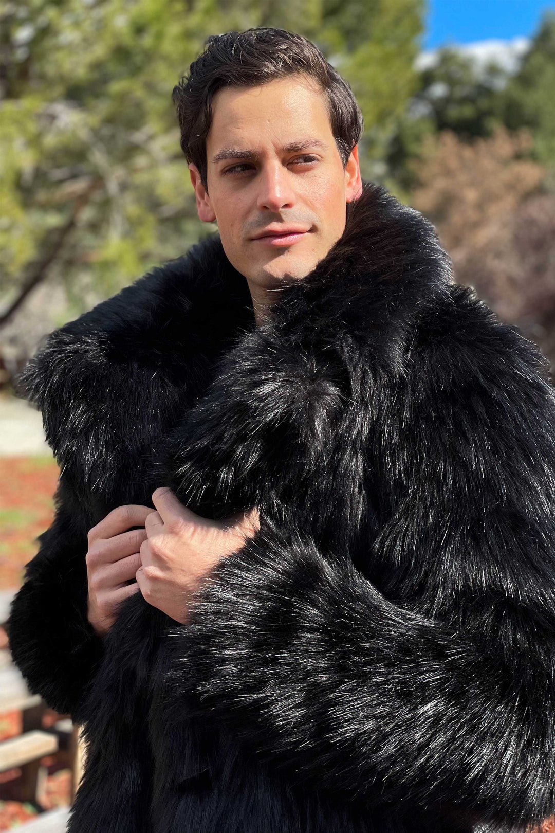 MEN'S DUTCH SNAP OFF HOOD vegan big black wolf faux fur coat