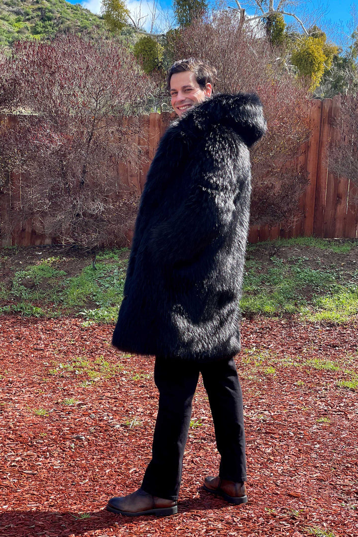 MEN'S DUTCH SNAP OFF HOOD vegan big black wolf faux fur coat