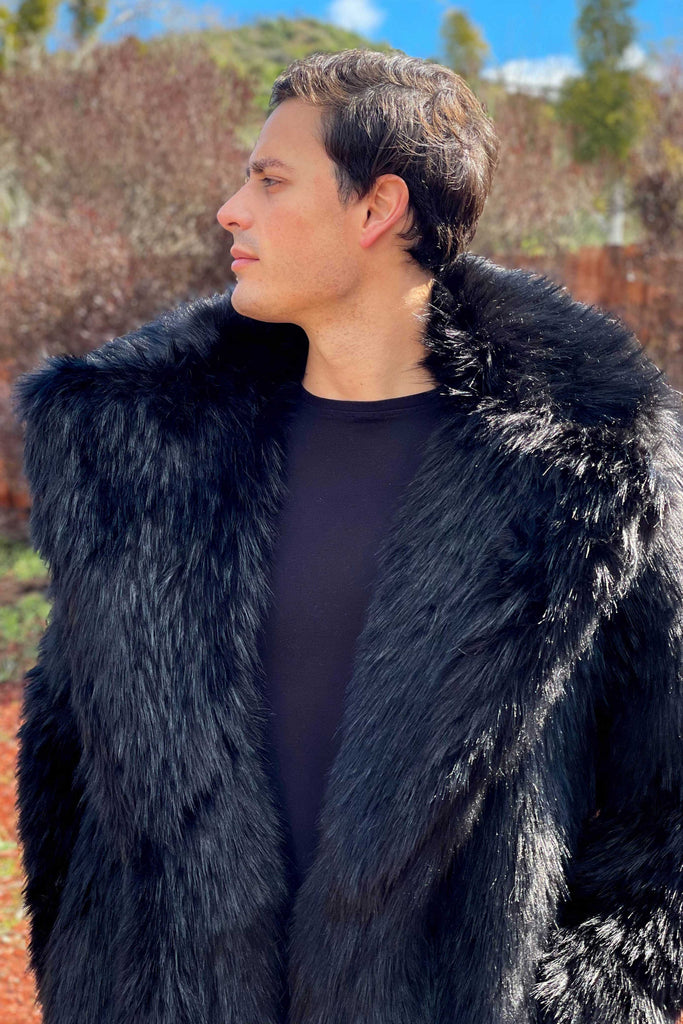 MEN'S DUTCH SNAP OFF HOOD vegan big black wolf faux fur coat