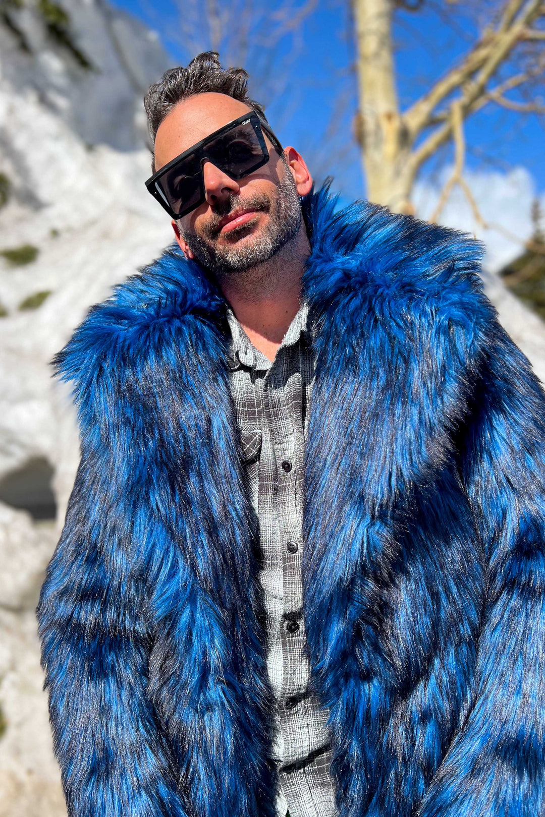 vegan blue wolf faux fur coat for men | Furrocious Furr