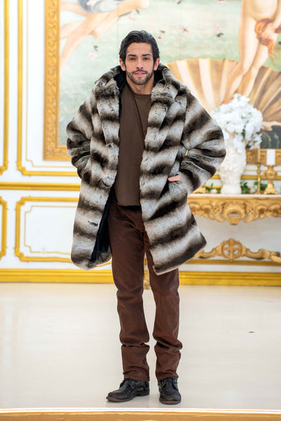 Men's Short Playa Coat in "Silver Brown Stripe Chinchilla"