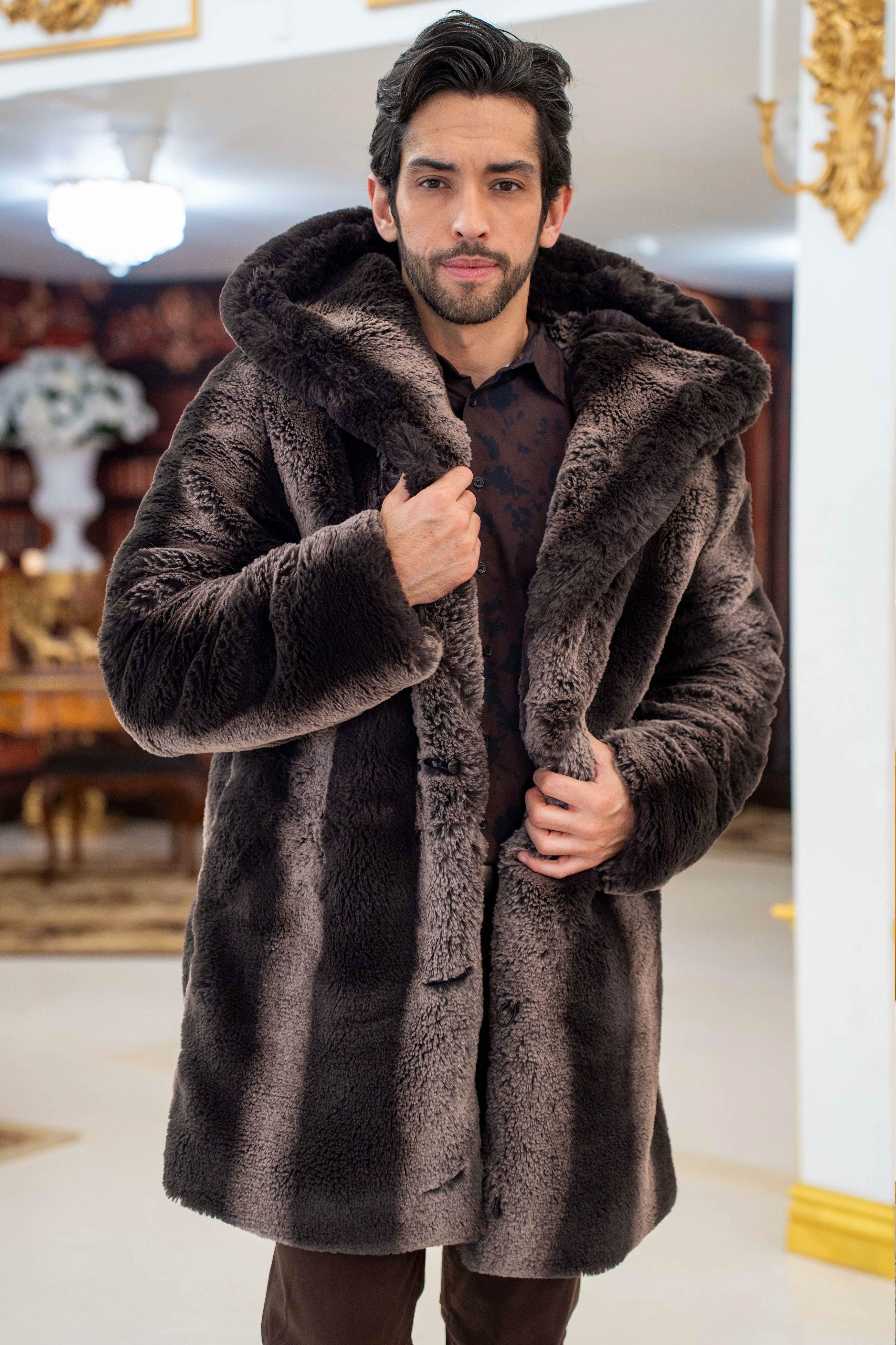 Fur Collar Mens Long Jacket With Fur Hood Fluffy Faux Fur Coat Men