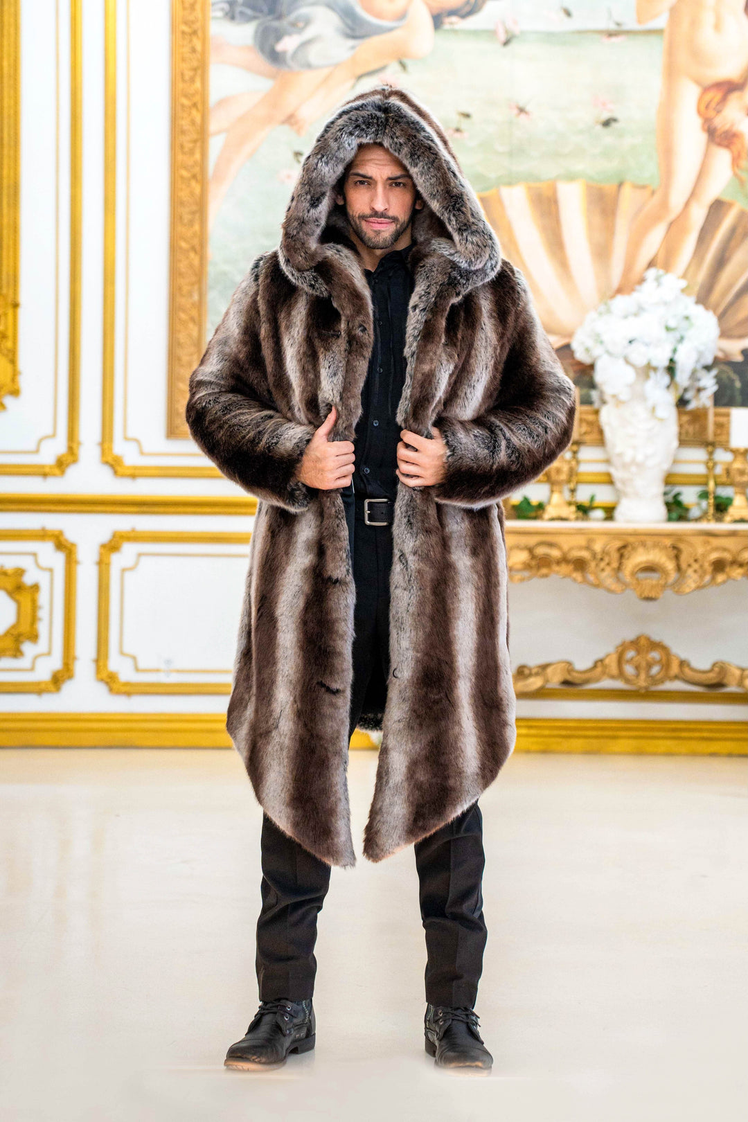 men's faux fur chinchilla truffle brown coat | Furrocious Furr