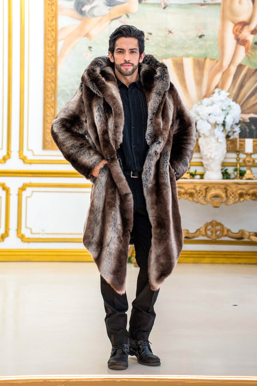 men's faux fur chinchilla truffle brown coat | Furrocious Furr