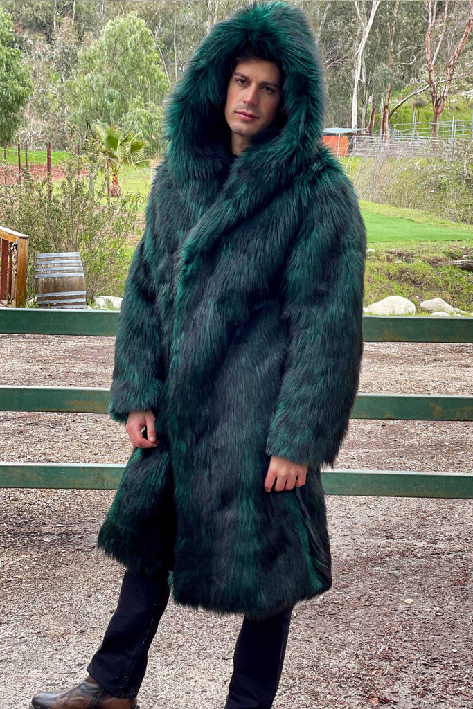 Puffer Coat Faux Fur Trim Coat With Fox Fur Hood Mens Green Fur