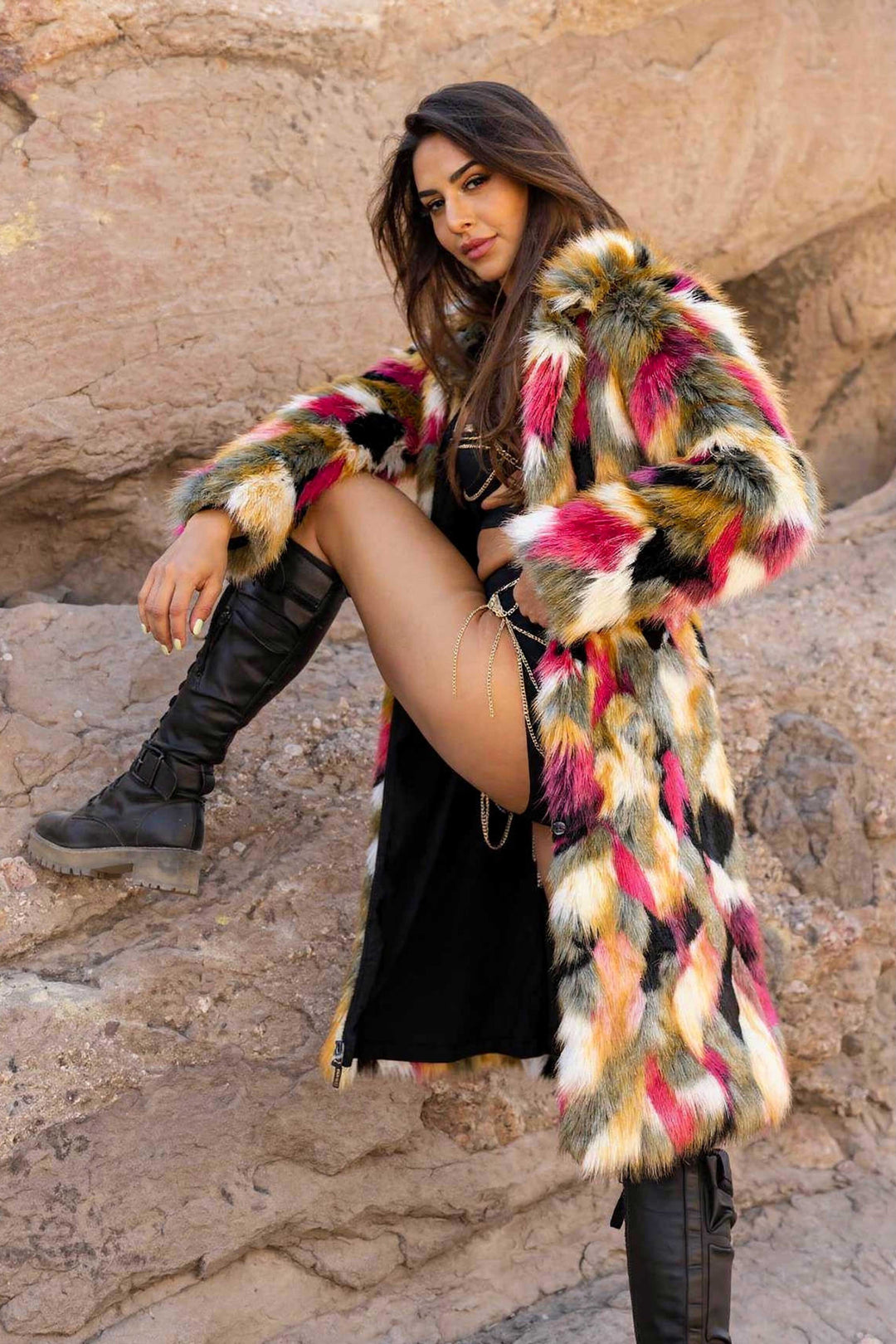 Women's Long Hooded Faux Fur Festival Coat – Soft & Warm