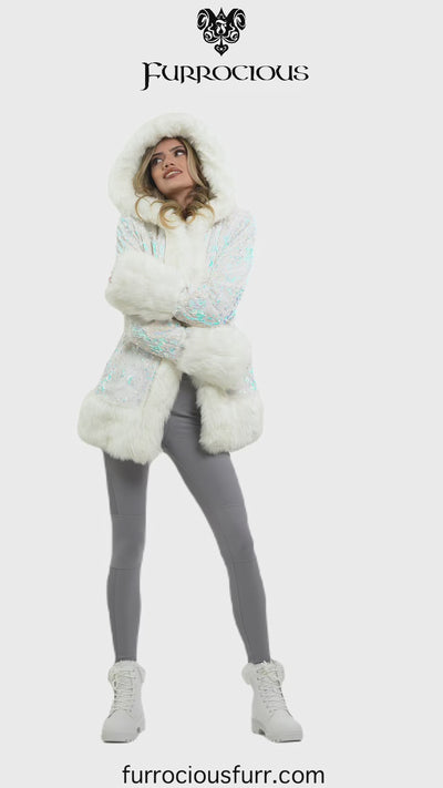 Women's Petite Playa Coat in "White Velvet Unicorn Sequin "