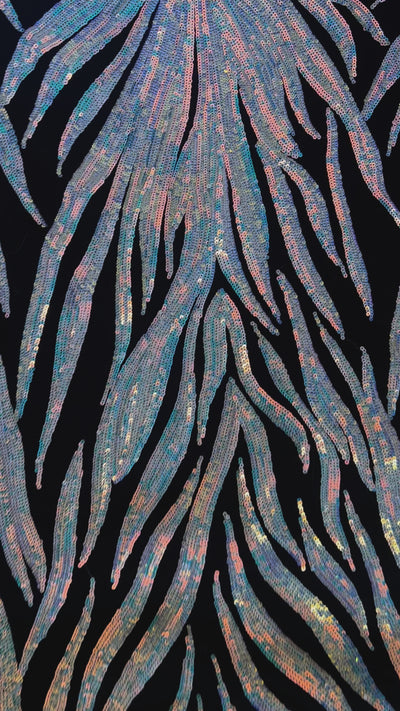 Black Iridescent Tiny Palm Spray Sequin Mesh