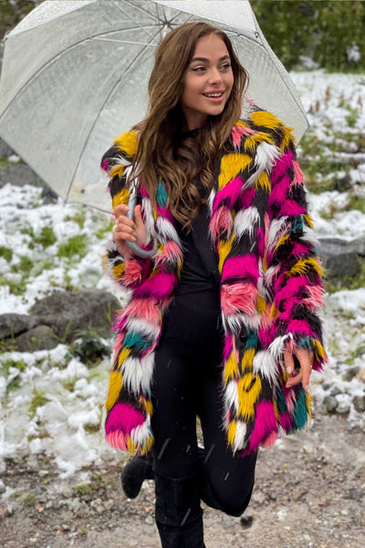 Women's Short Duchess Coat in "Kaleidoscope Pink-White-Teal-Black"