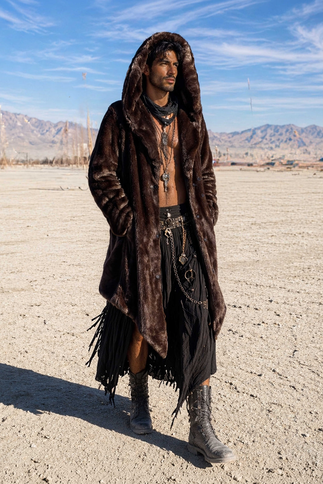 Men’s faux fur chinchilla coat Timberline hooded festival coat front view desert