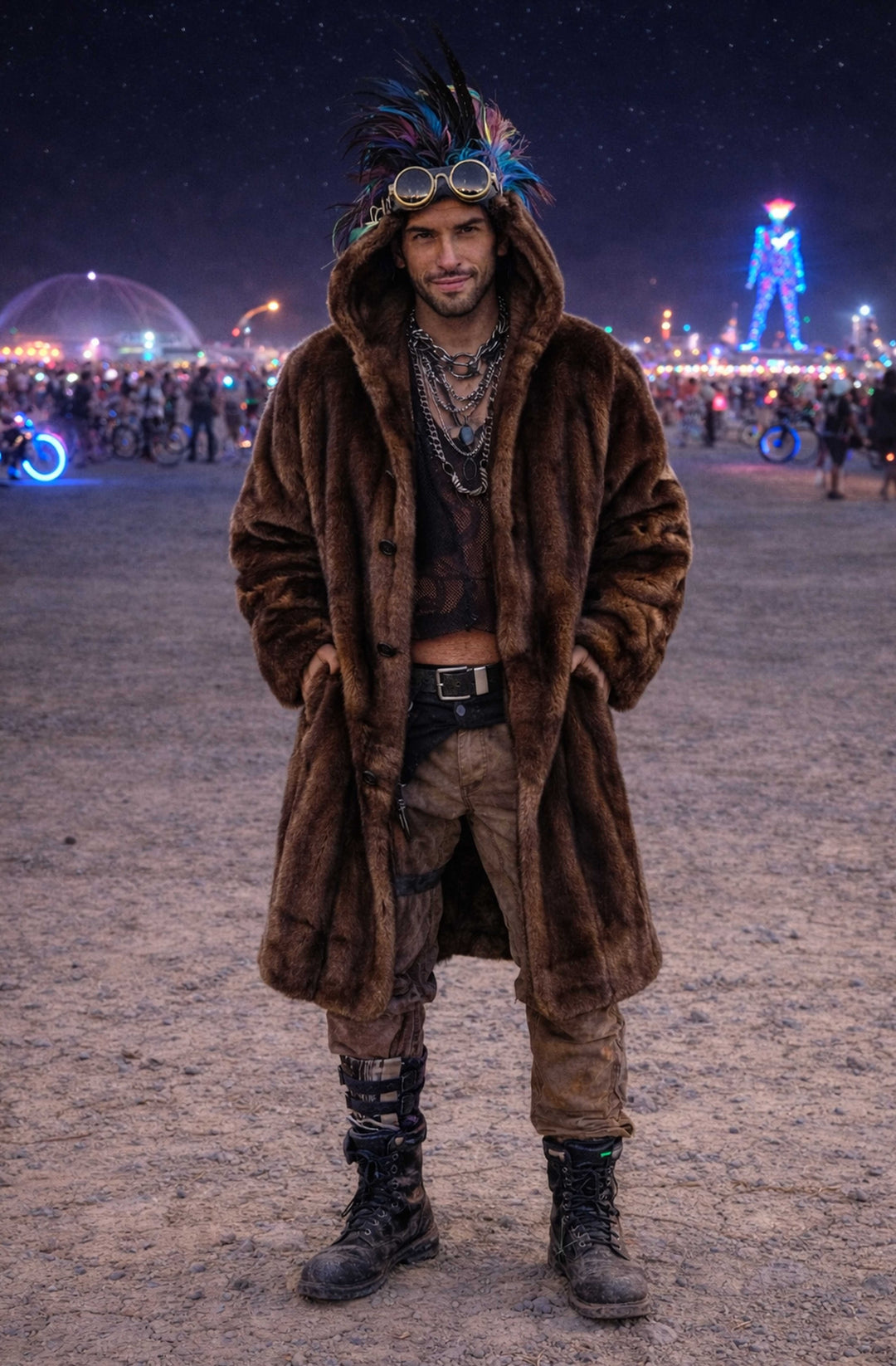 Men’s brown faux fur festival coat hooded front view desert night Playa Burning Man style