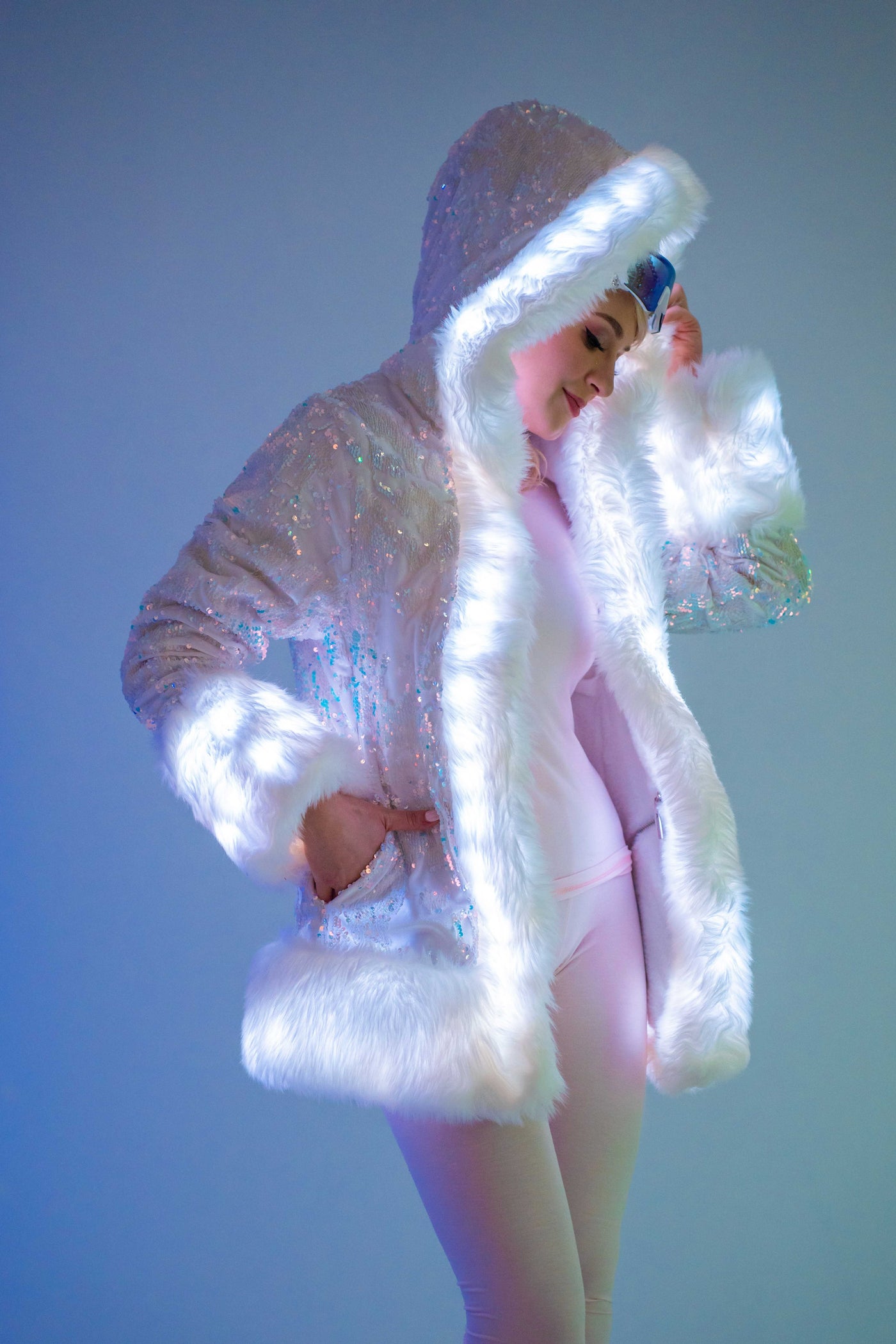 Women's LED Petite Playa Coat in "White Velvet Unicorn Sequin "