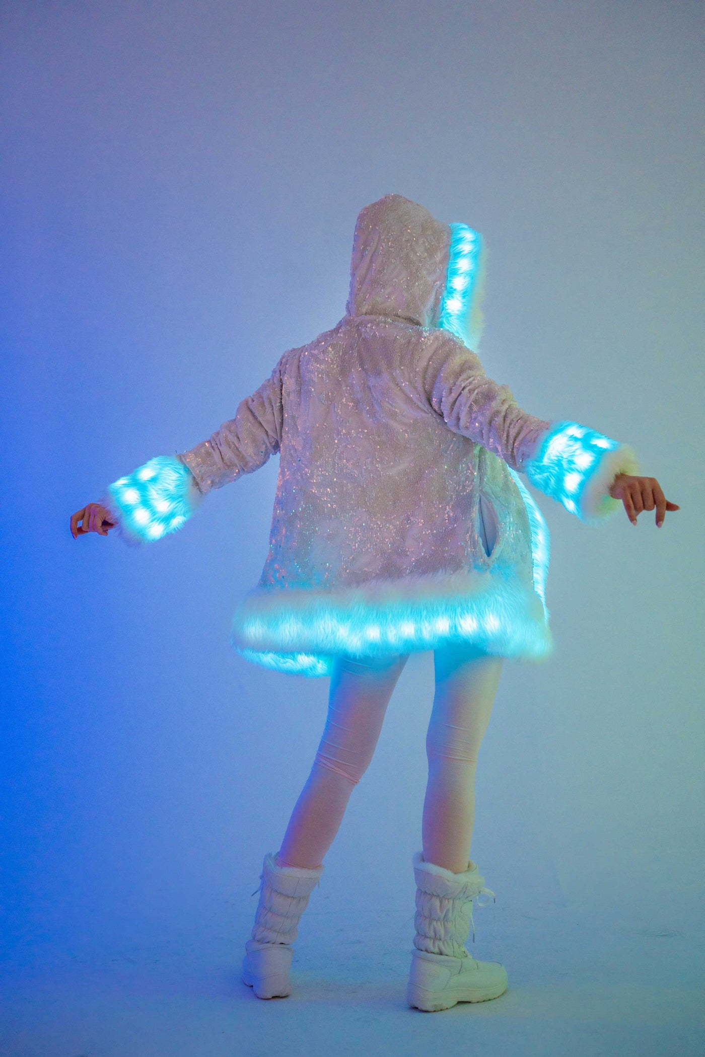 Women's LED Petite Playa Coat in "White Velvet Unicorn Sequin " IN STOCK