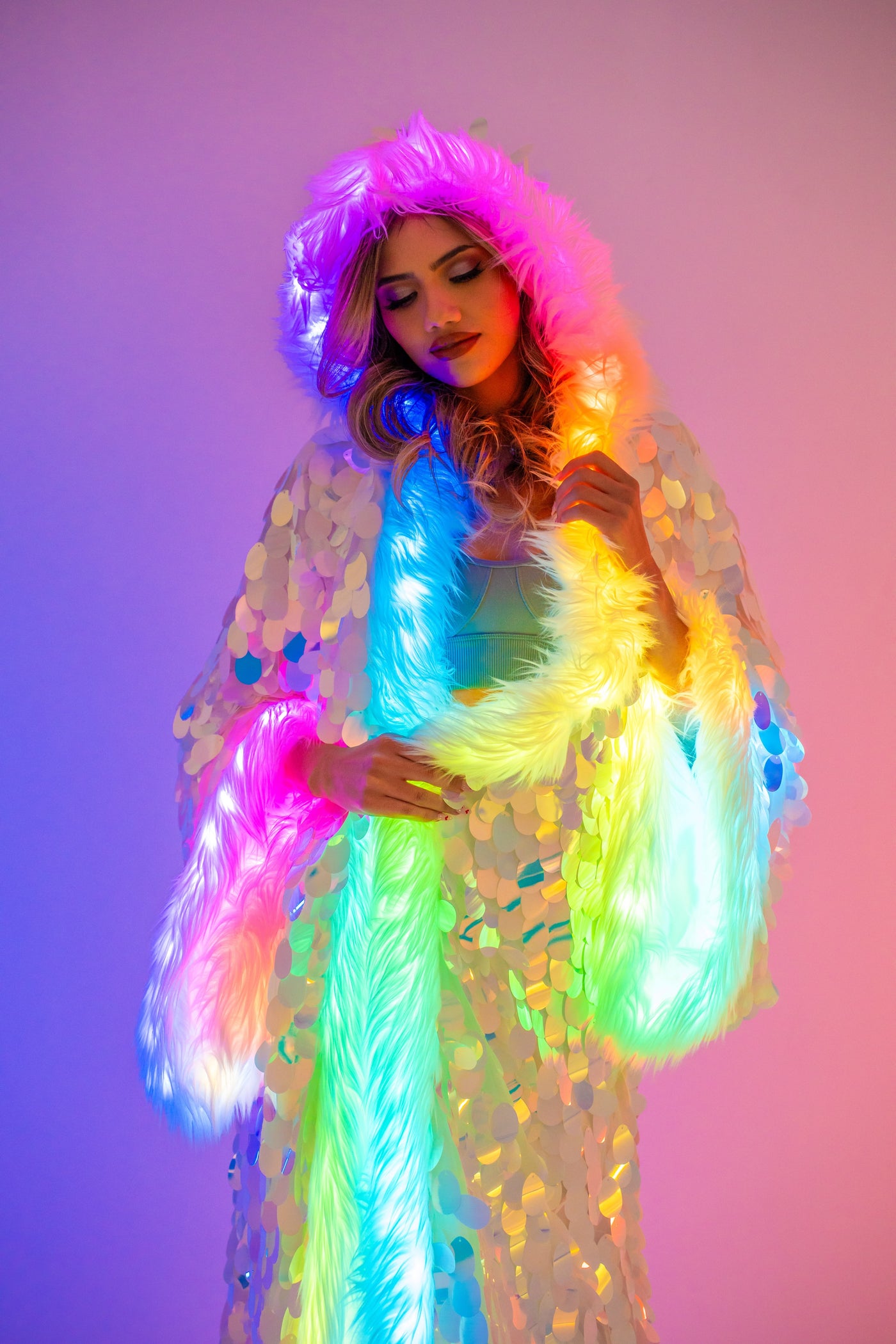 LED Big Bling Sequin Kimono in "White Iridescent"