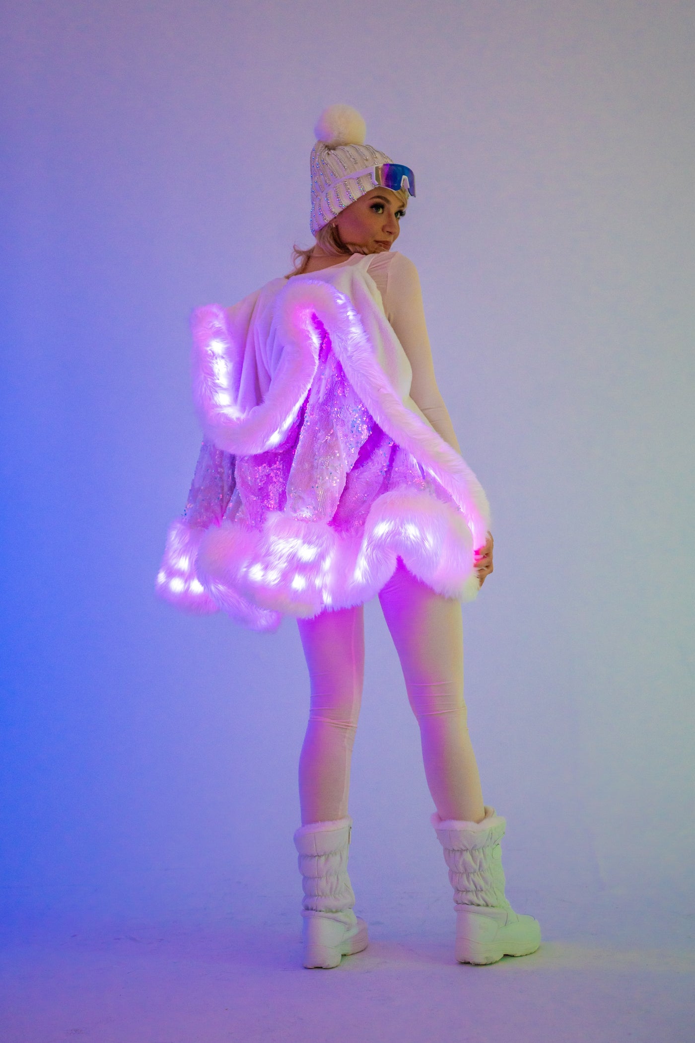 Women's LED Petite Playa Coat in "White Velvet Unicorn Sequin "