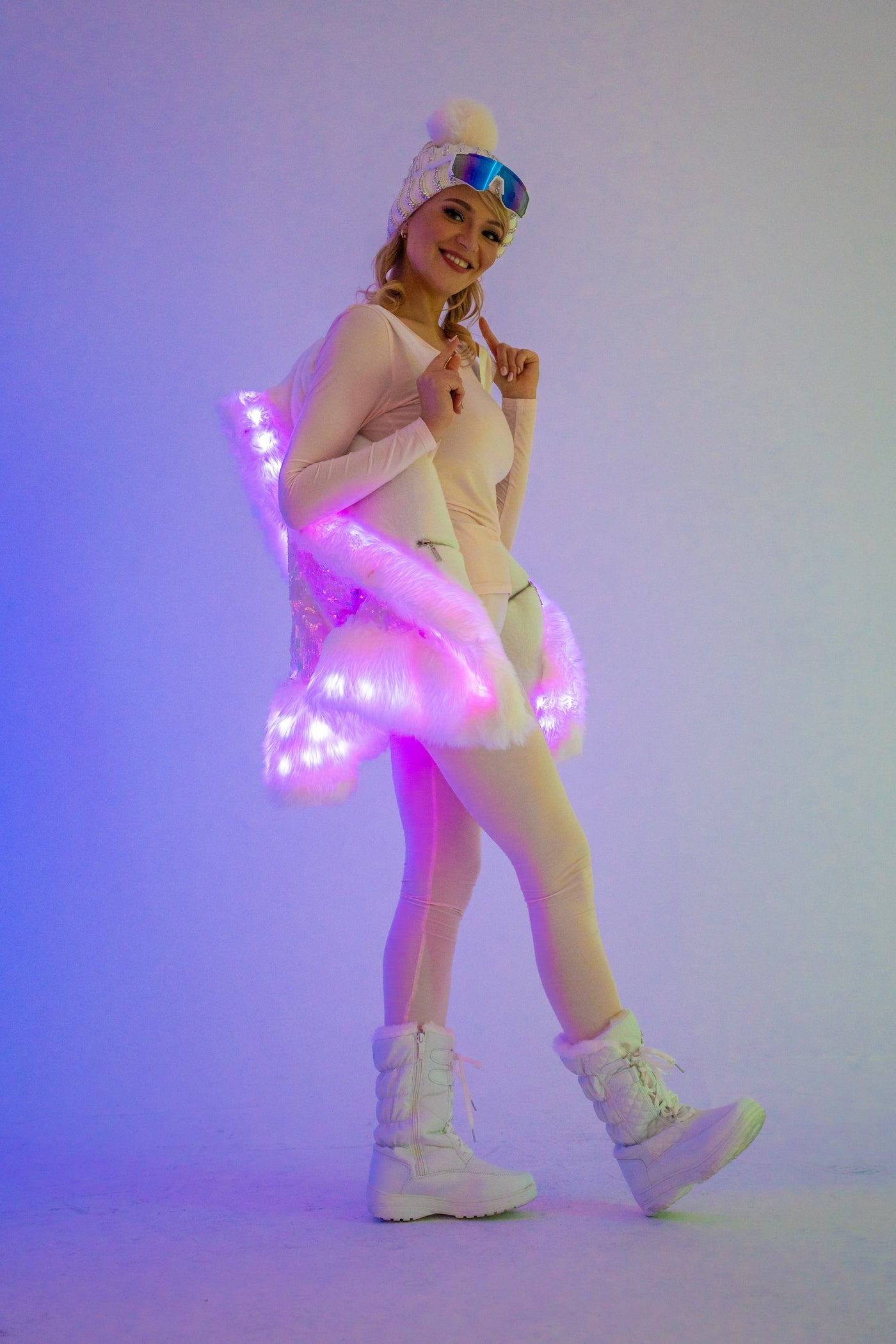 Women's LED Petite Playa Coat in "White Velvet Unicorn Sequin "