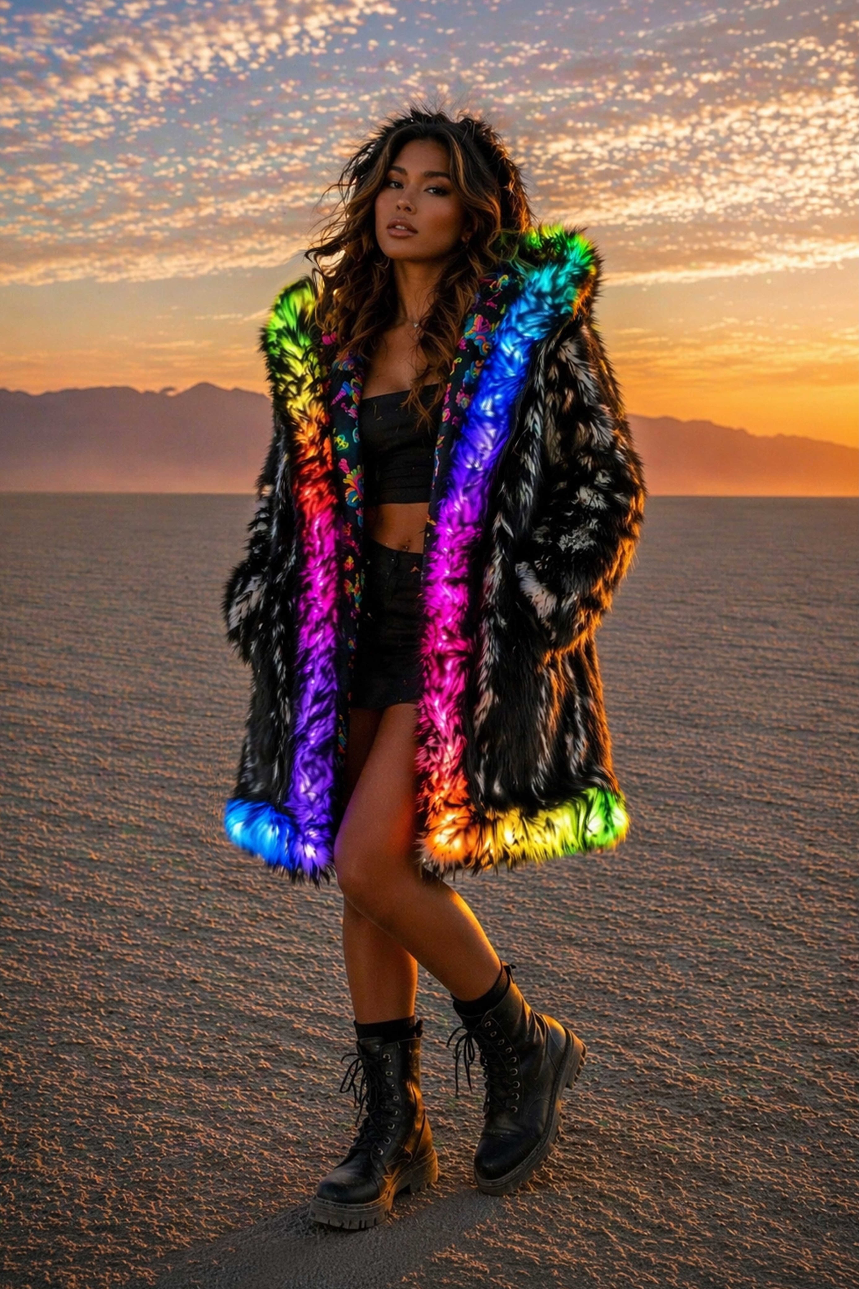 omen’s LED Faux Fur Coat – UV Reactive Reversible Black | Festival Coat ...