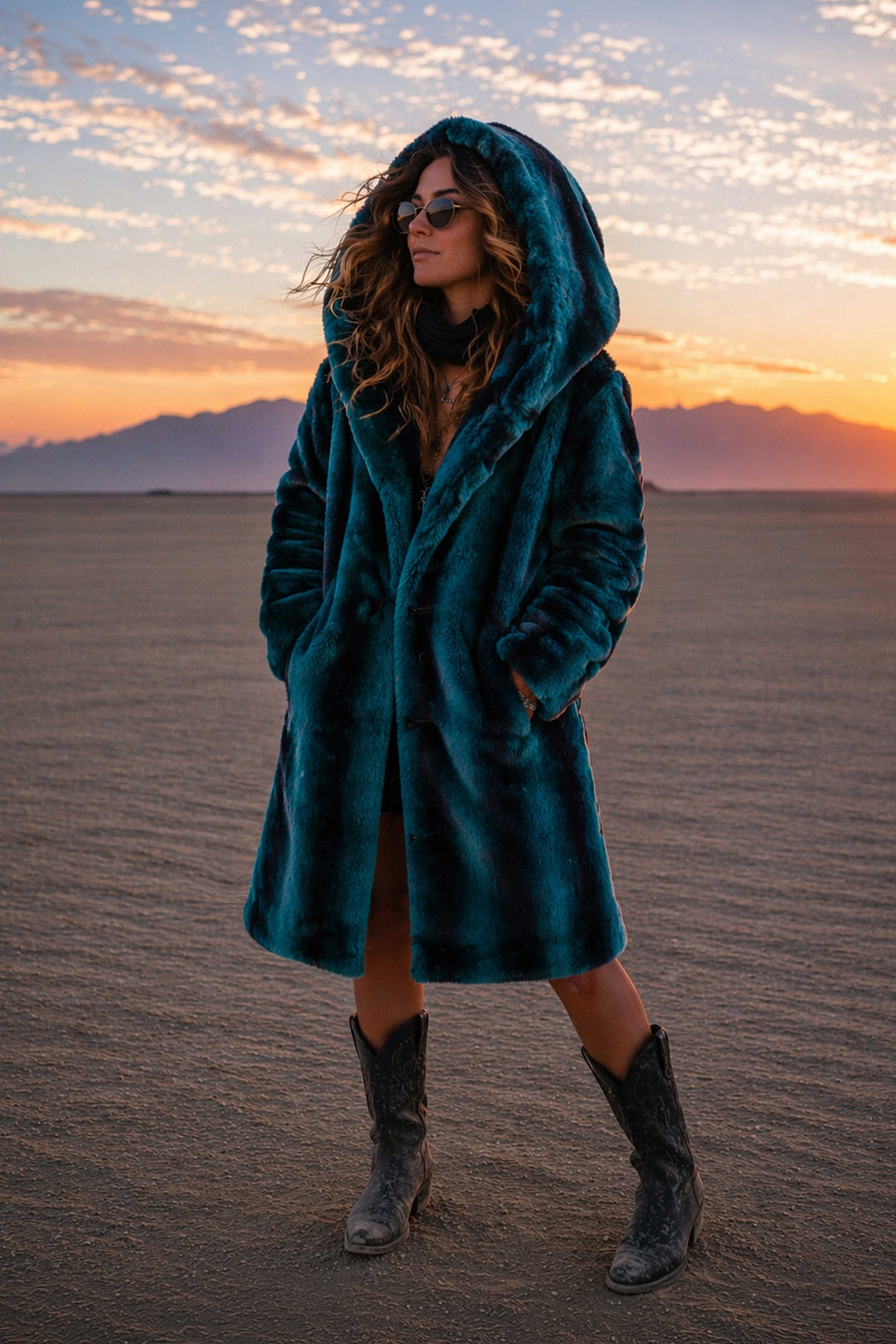 Women’s teal faux fur long coat hooded festival coat front view