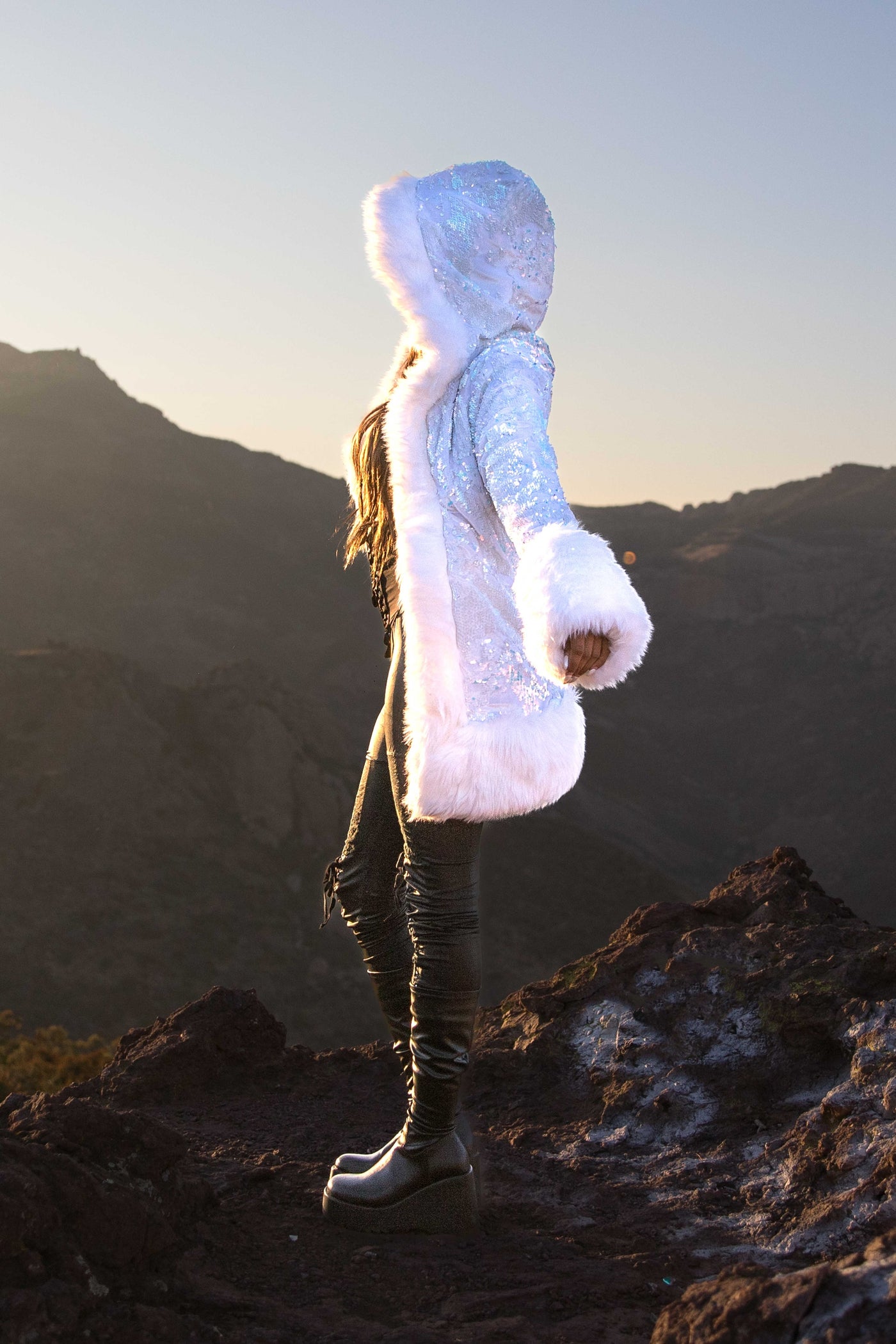 Women's Petite Playa Coat in "White Velvet Unicorn Sequin "