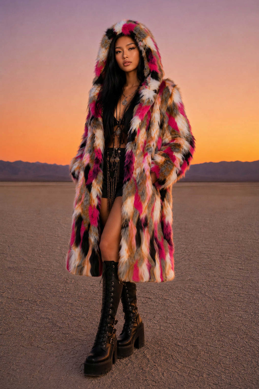 Women's Long Hooded Faux Fur Festival Coat – Soft & Warm