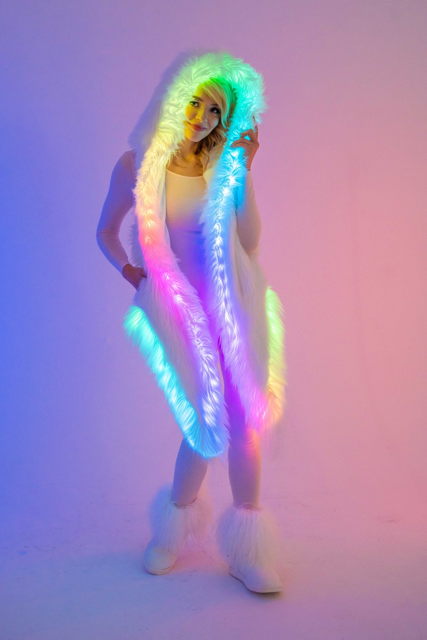 Rainbow Light Up Faux Fur Coat Burning Man LED Light Up Faux Fur