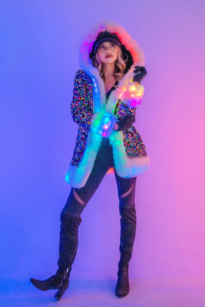 Women's LED Petite Playa Coat in "Rainbow Sequin"