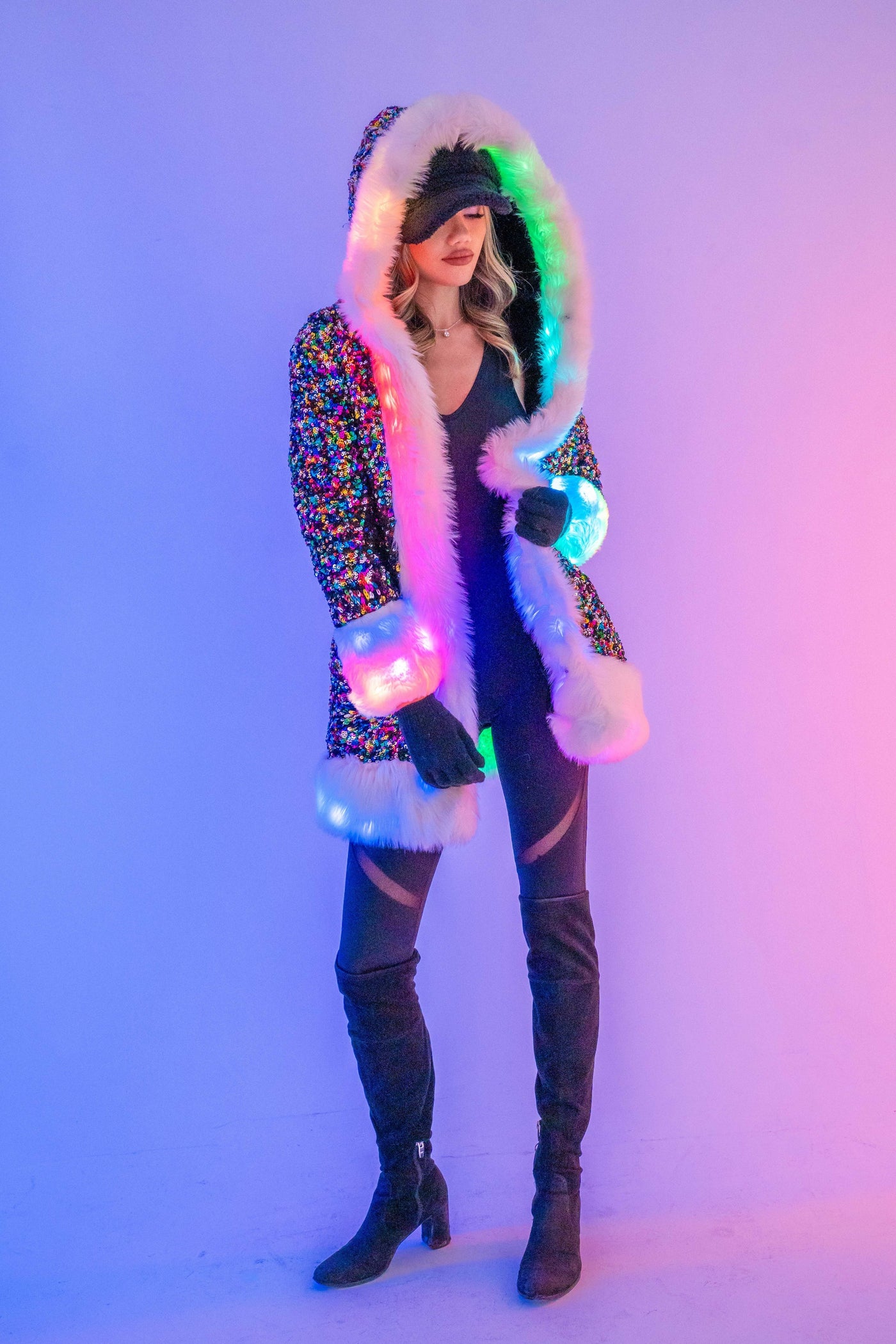 Women's LED Petite Playa Coat in "Rainbow Sequin" IN STOCK