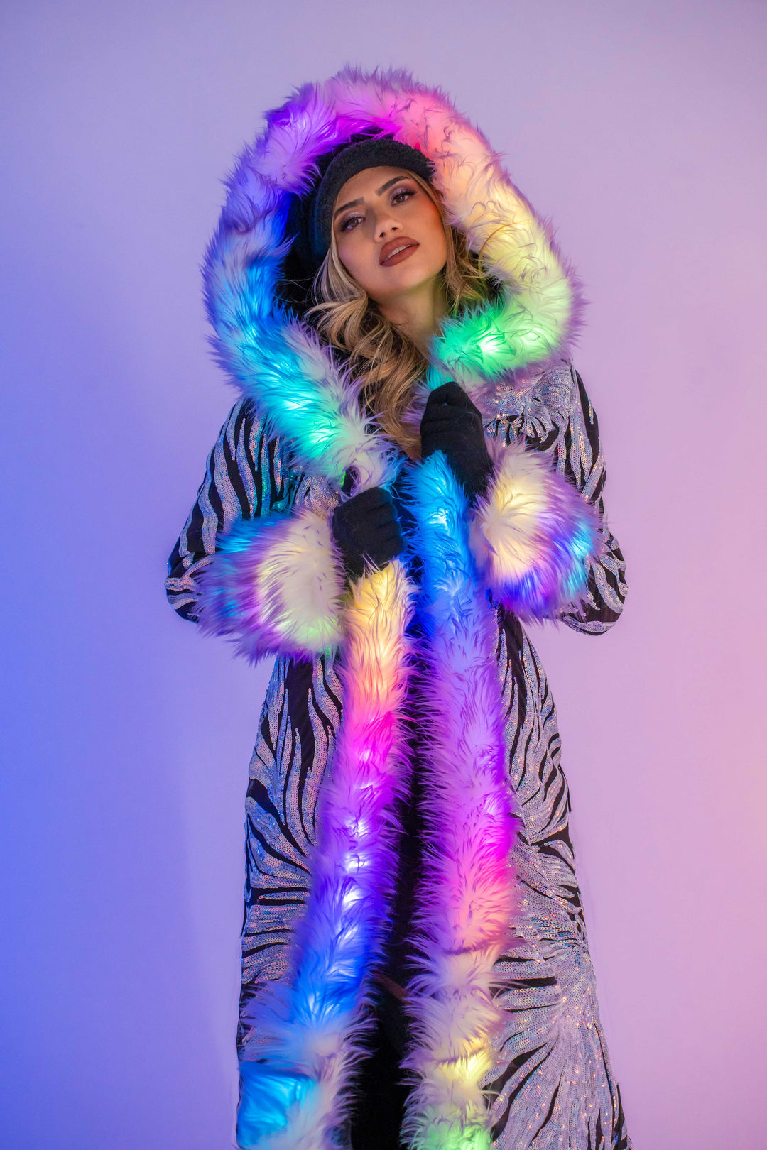 Women's LED Sequin Faux Fur Temptress Coat in 