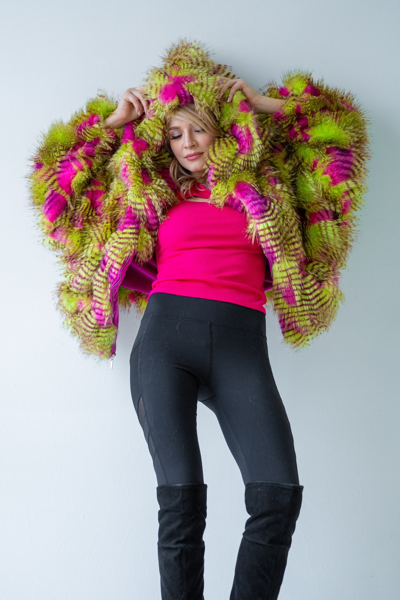 Women's Snuggle Coat in "Pink Lime Feather"