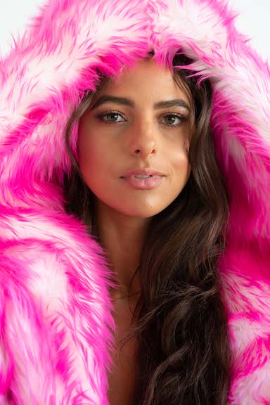 women's-LED-hot-pink-white -faux-fur-coat