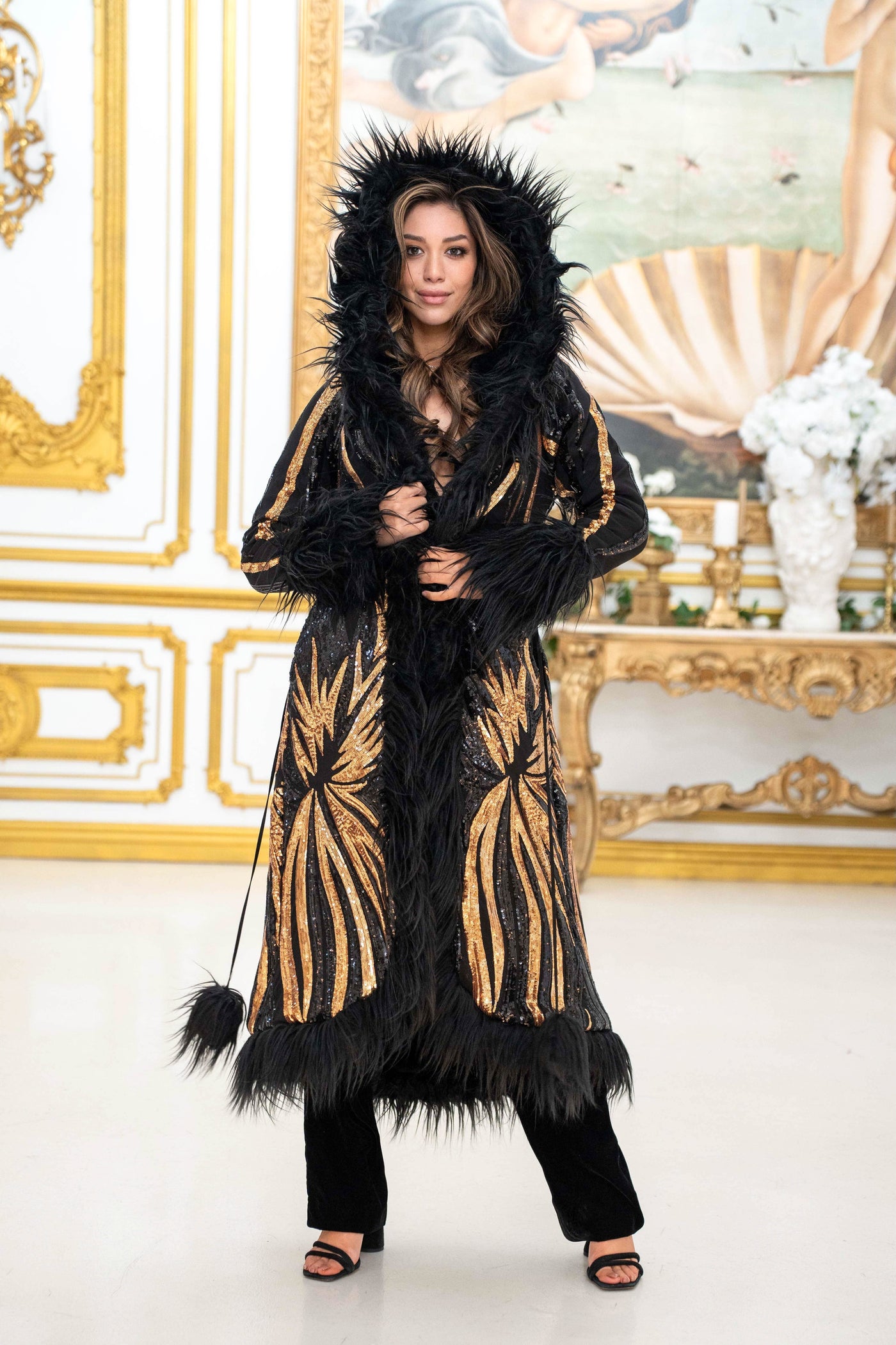 Women's Sequin Temptress Coat in "Black & Gold" STOCK